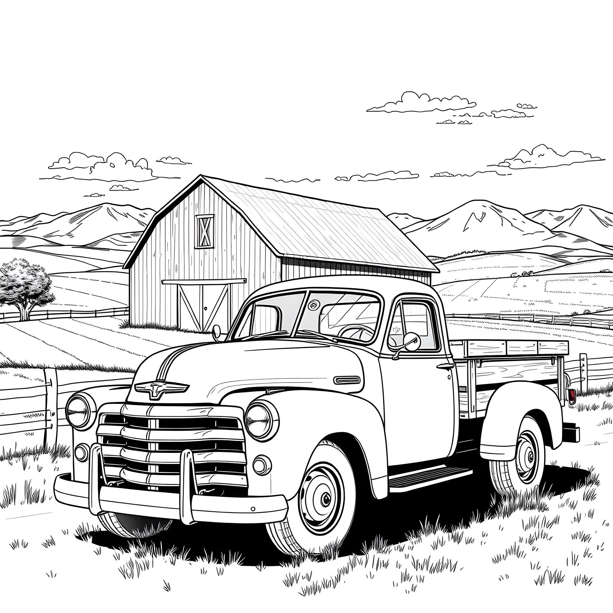 Truck parked near rustic barn in countryside landscape Coloring Page (free black-and-white line drawing printable PDF for all, from beginners to advanced learners, including children, teens, adults, and seniors)