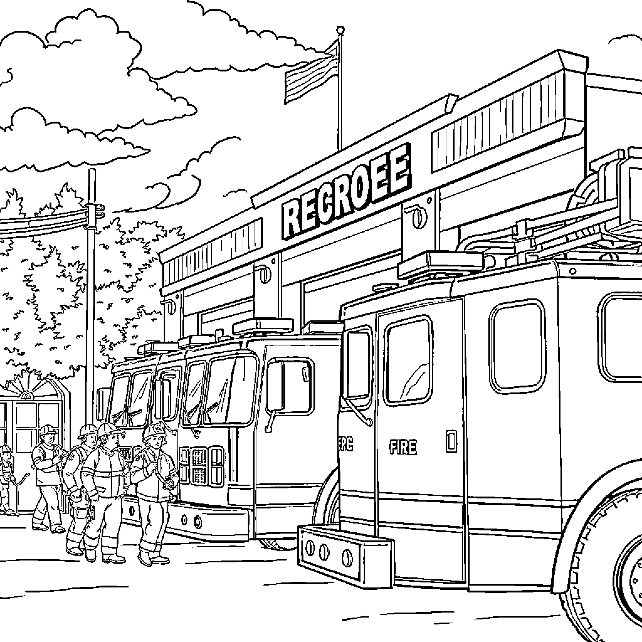 Fire Department Responding to Emergency Situation Coloring Page (free black-and-white line drawing printable PDF for all, from beginners to advanced learners, including children, teens, adults, and seniors)