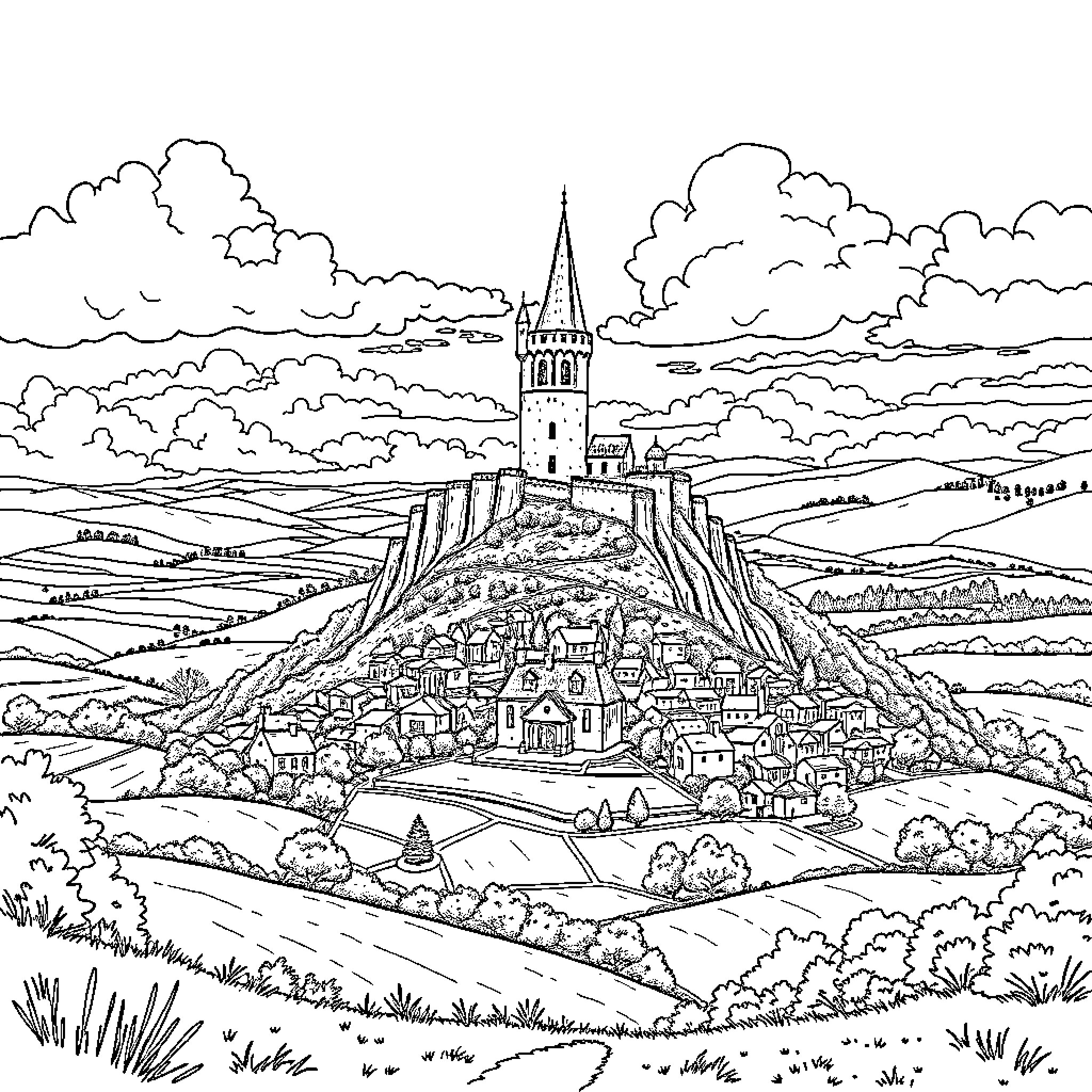 Castle on a Hilltop Overlooking a Quaint Town Coloring Page (free black-and-white line drawing printable PDF for all, from beginners to advanced learners, including children, teens, adults, and seniors)