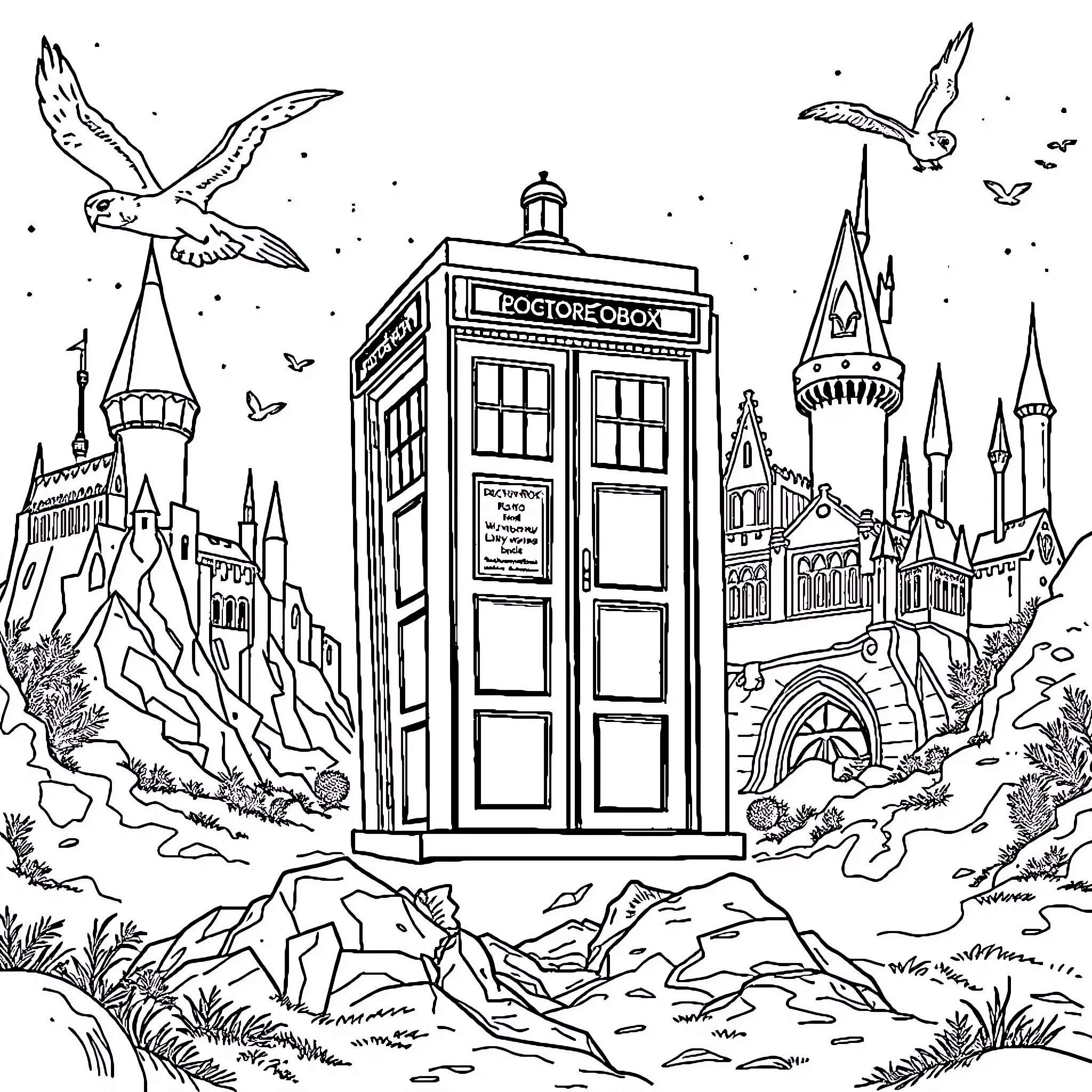 TARDIS in a whimsical fantasy landscape Coloring Page (free black-and-white line drawing printable PDF for all, from beginners to advanced learners, including children, teens, adults, and seniors)