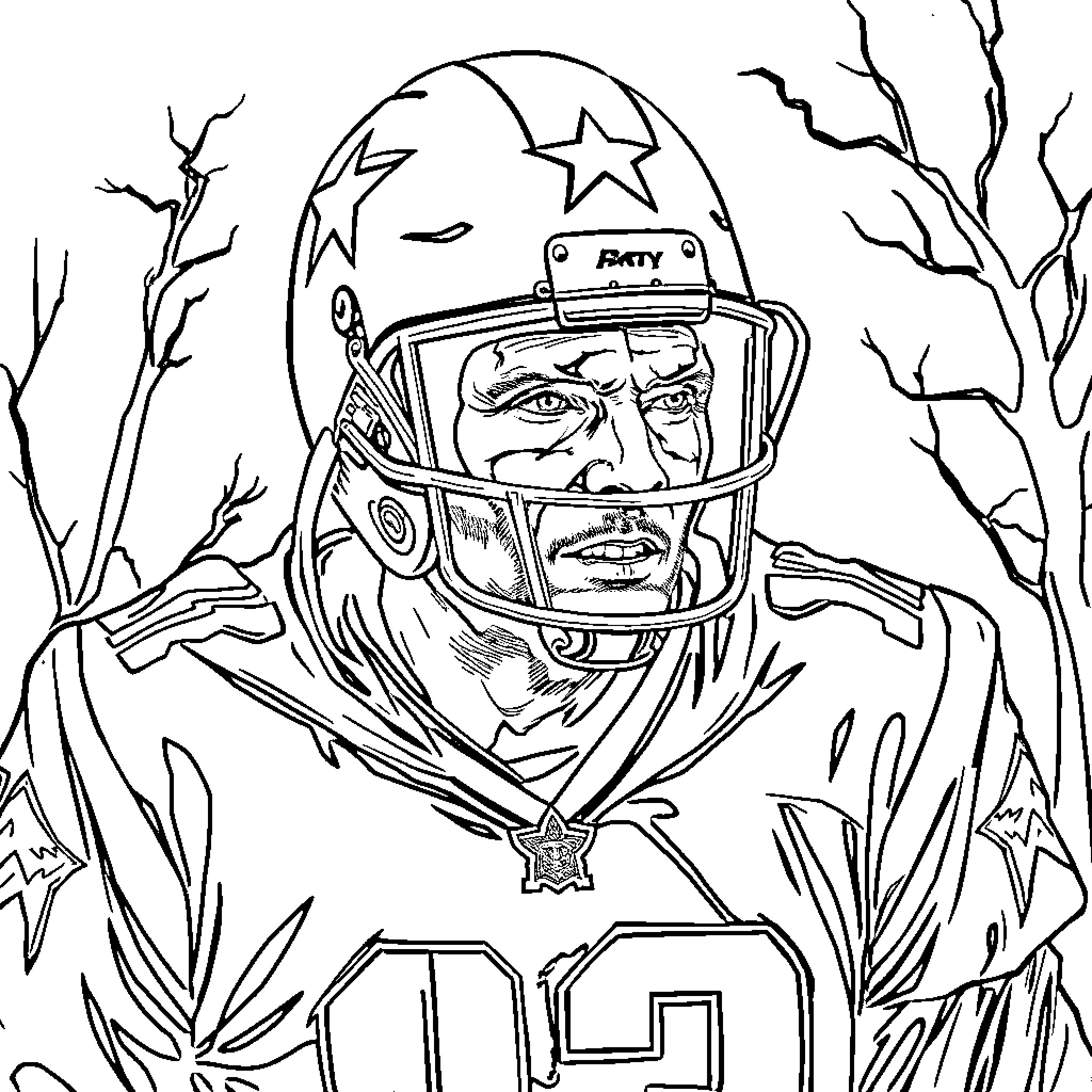 Tom Brady in Football Uniform Amid Bare Trees Coloring Page (free black-and-white line drawing printable PDF for all, from beginners to advanced learners, including children, teens, adults, and seniors)