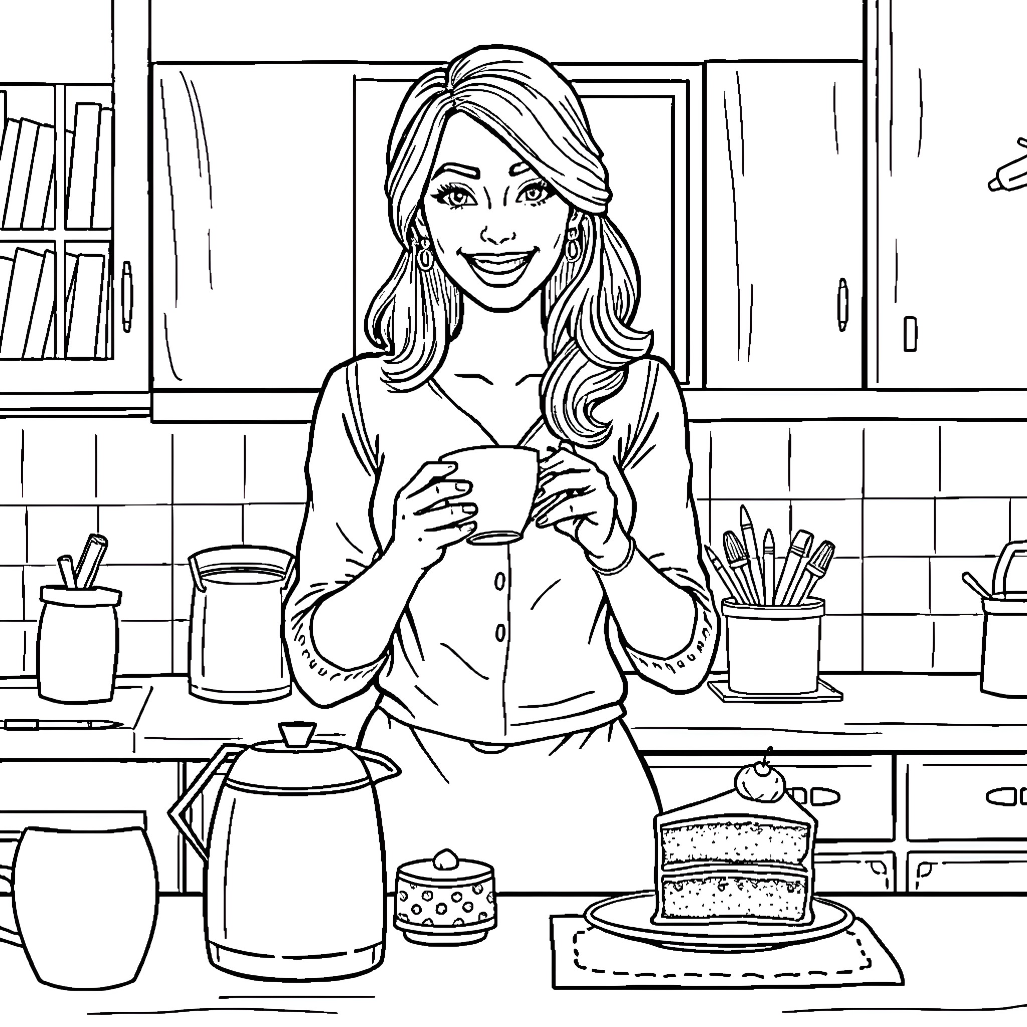 Teacher enjoying her coffee break in the kitchen Coloring Page (free black-and-white line drawing printable PDF for all, from beginners to advanced learners, including children, teens, adults, and seniors)