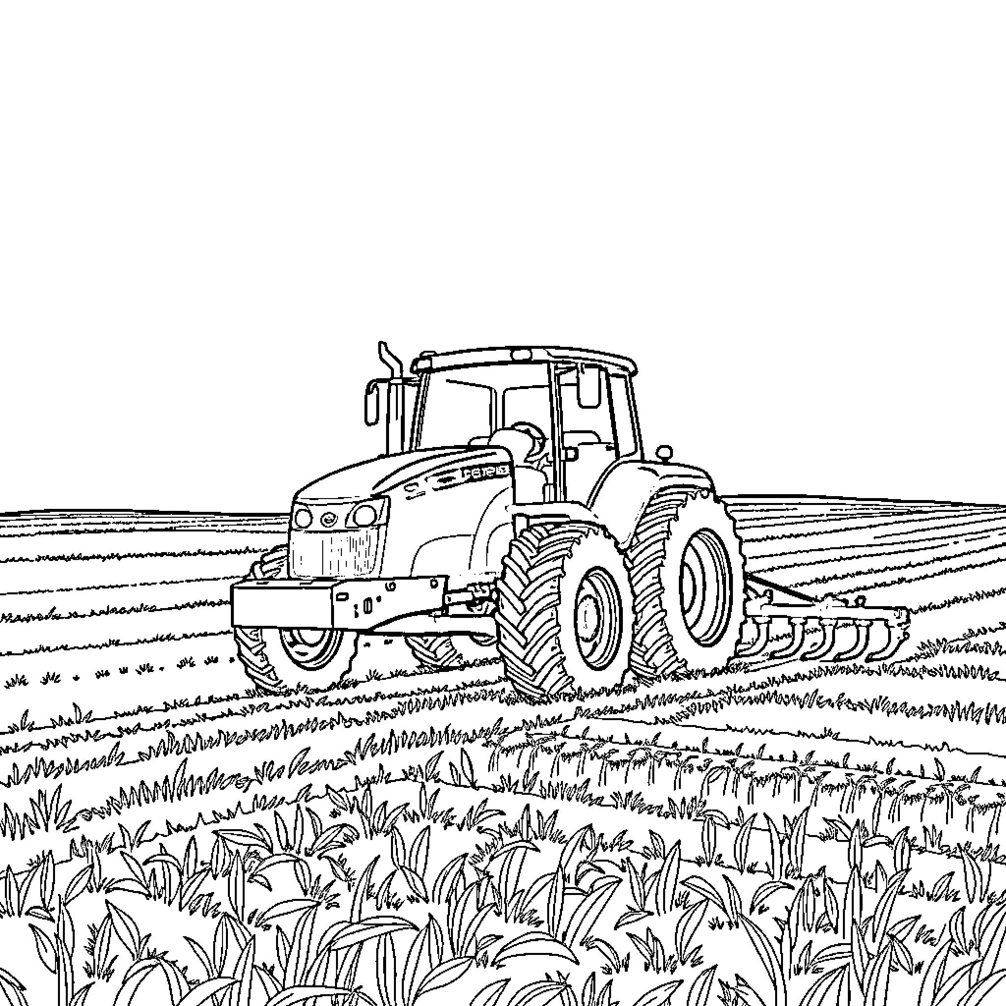 Tractor plowing the field with determination Coloring Page (free black-and-white line drawing printable PDF for all, from beginners to advanced learners, including children, teens, adults, and seniors)