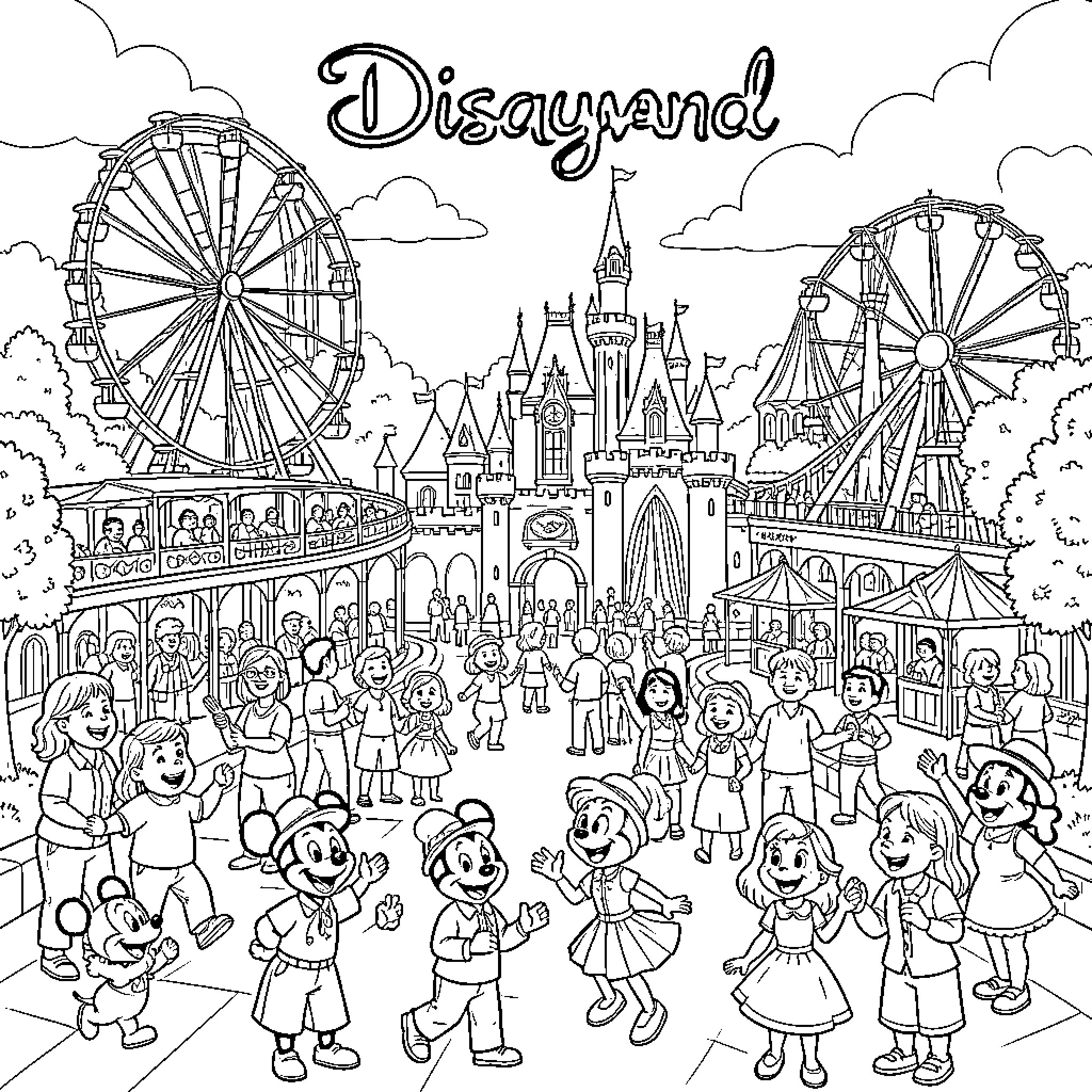 Disneyland characters and happy crowds enjoying the theme park Coloring Page (free black-and-white line drawing printable PDF for all, from beginners to advanced learners, including children, teens, adults, and seniors)