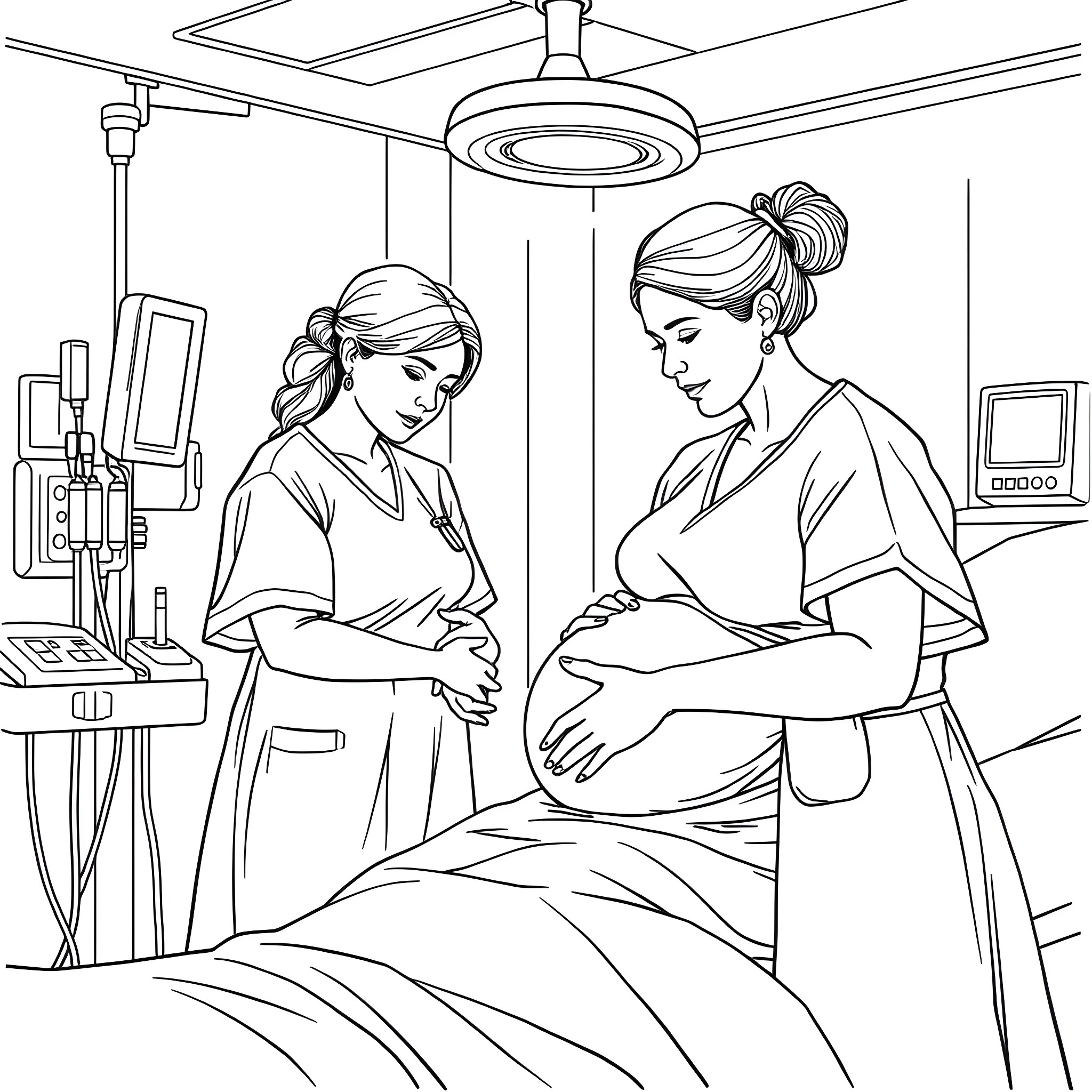 Nursing professionals providing care in a hospital setting Coloring Page (free black-and-white line drawing printable PDF for all, from beginners to advanced learners, including children, teens, adults, and seniors)