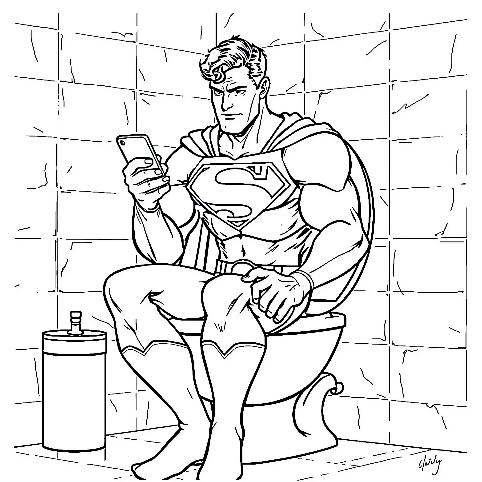 Superman using a smartphone in a casual setting Coloring Page (free black-and-white line drawing printable PDF for all, from beginners to advanced learners, including children, teens, adults, and seniors)