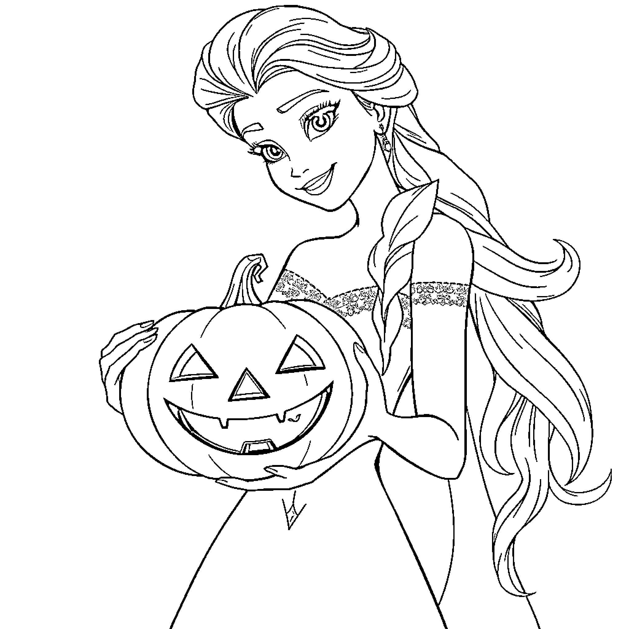 Elsa celebrating Halloween with a pumpkin basket Coloring Page (free black-and-white line drawing printable PDF for all, from beginners to advanced learners, including children, teens, adults, and seniors)