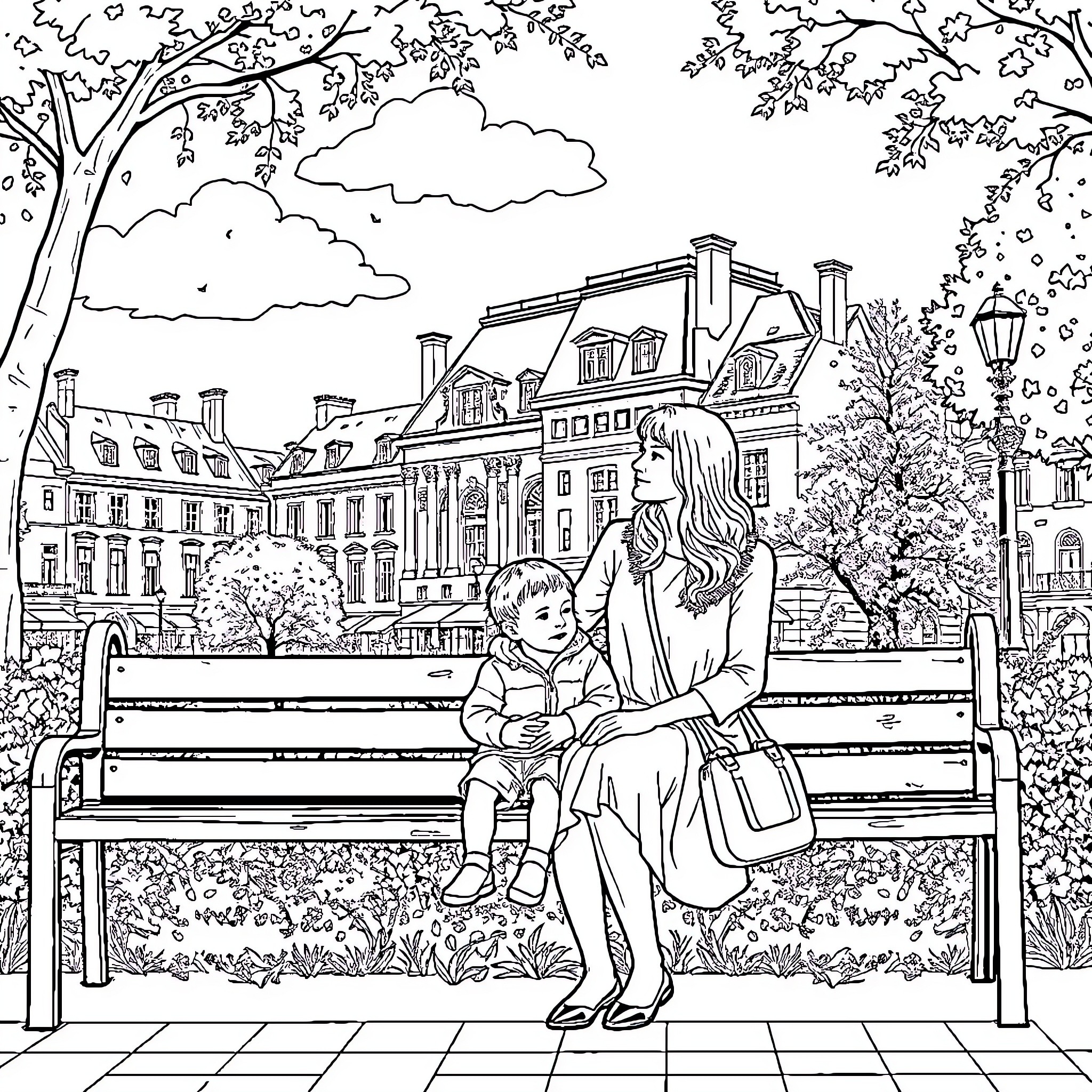 Woman and child sitting on a bench in a tranquil park Coloring Page (free black-and-white line drawing printable PDF for all, from beginners to advanced learners, including children, teens, adults, and seniors)