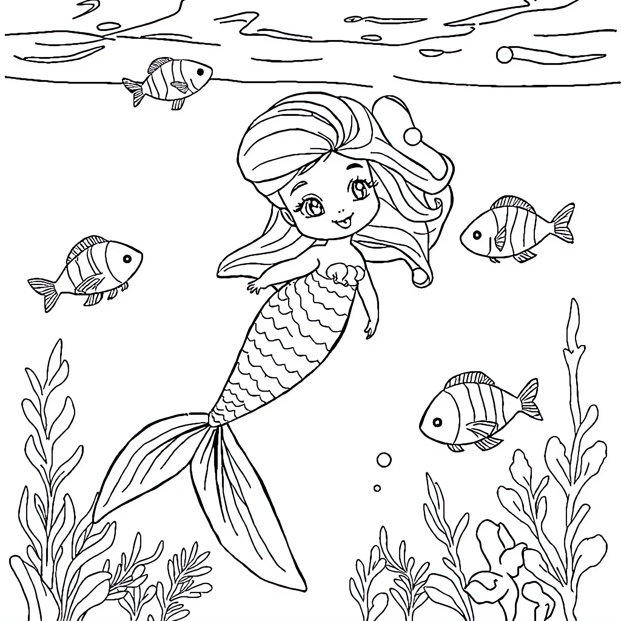 Mermaid playing joyfully with sea creatures Coloring Page (free black-and-white line drawing printable PDF for all, from beginners to advanced learners, including children, teens, adults, and seniors)