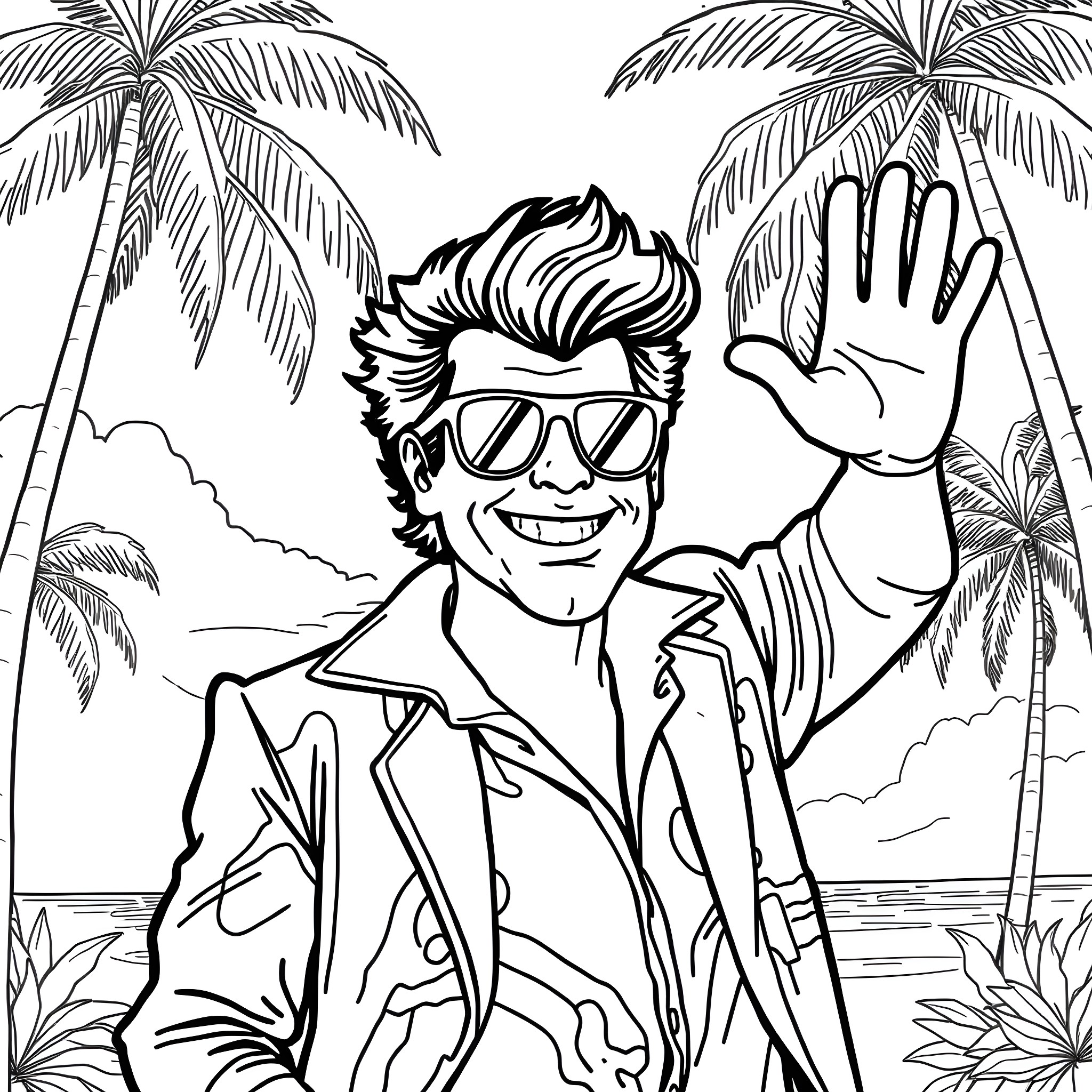 Ace Ventura's Tropical Adventure Coloring Page (free black-and-white line drawing printable PDF for all, from beginners to advanced learners, including children, teens, adults, and seniors)