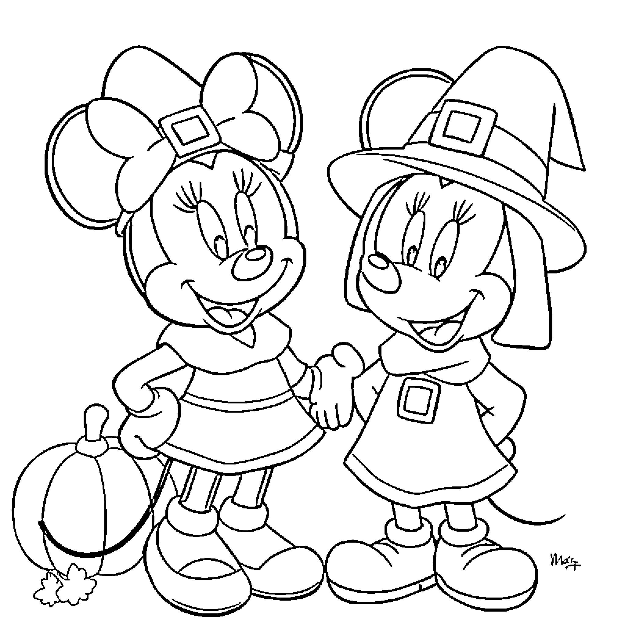 Mickey Mouse and Minnie Mouse in Halloween costumes Coloring Page (free black-and-white line drawing printable PDF for all, from beginners to advanced learners, including children, teens, adults, and seniors)