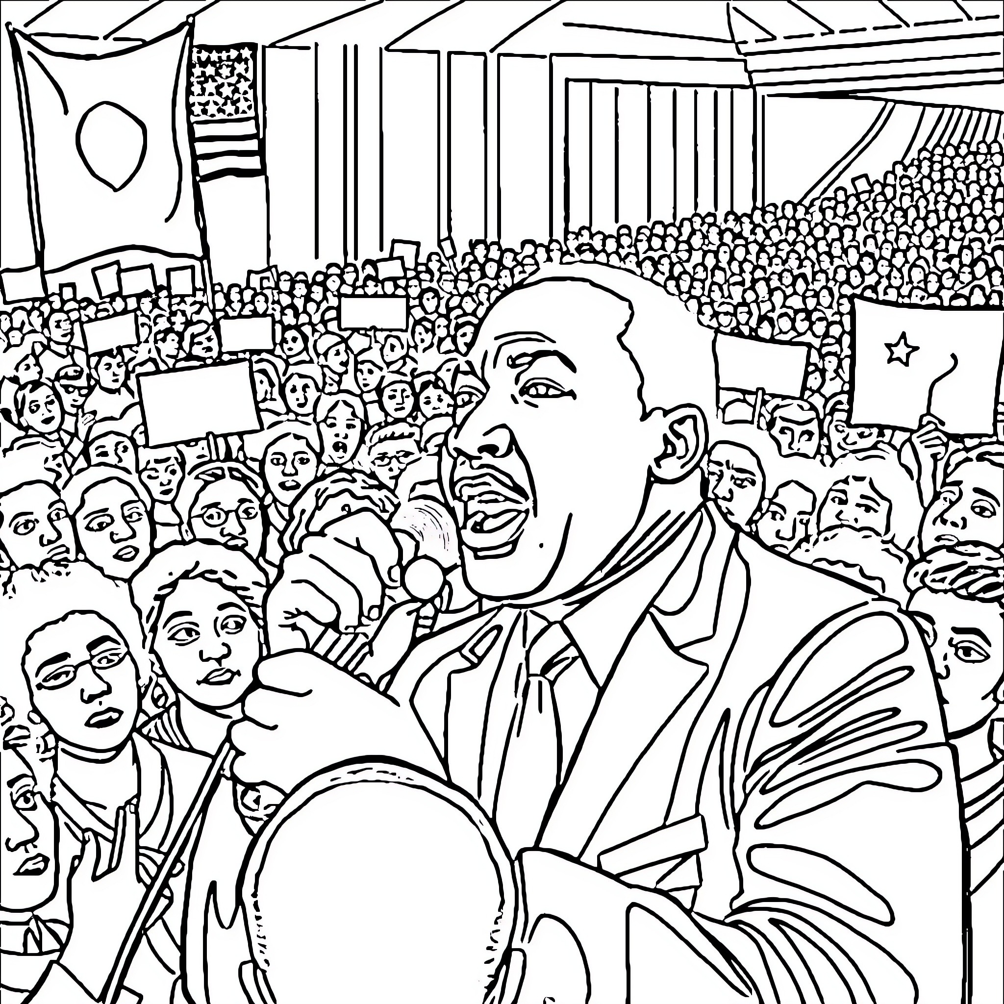 Martin Luther King Jr. Addressing a Passionate Crowd Coloring Page (free black-and-white line drawing printable PDF for all, from beginners to advanced learners, including children, teens, adults, and seniors)