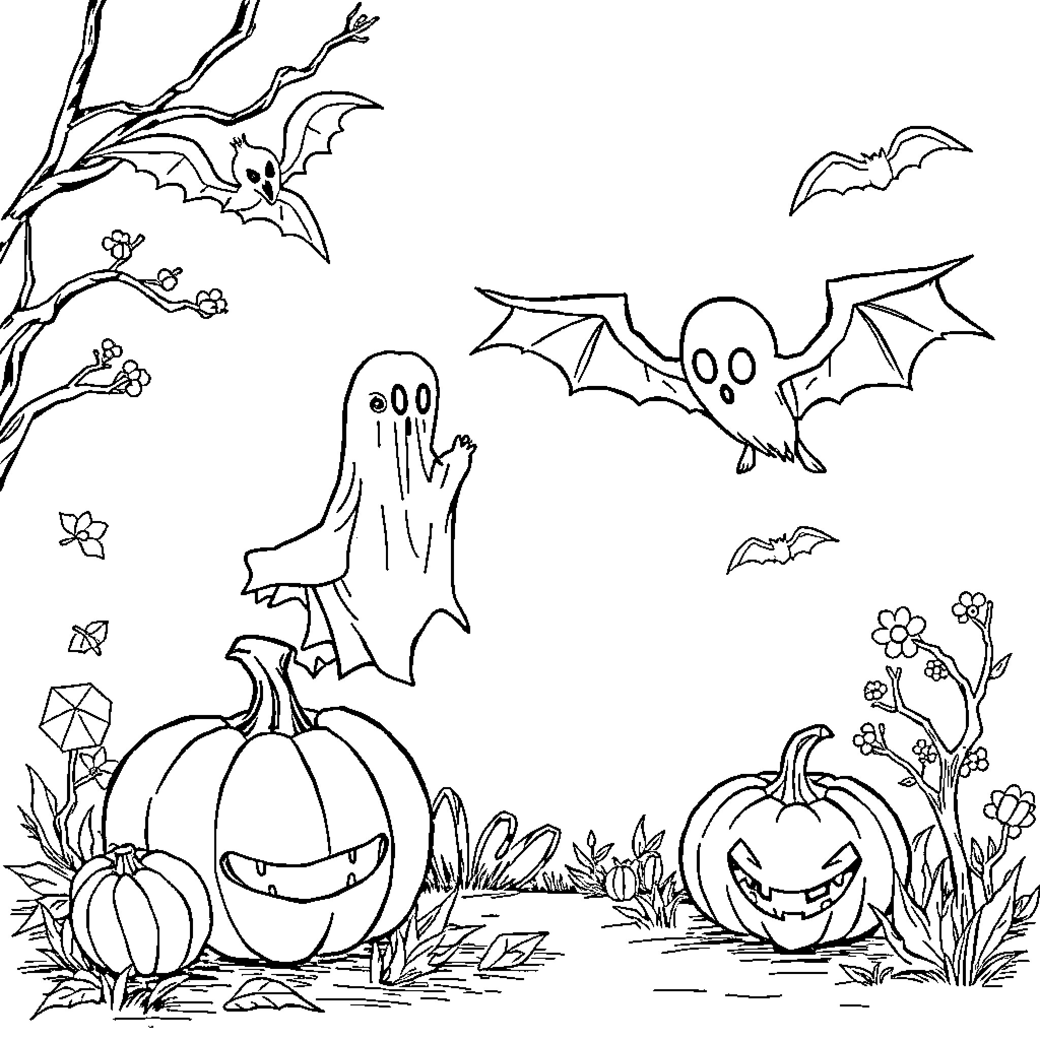 Halloween spooky scene with pumpkins and bats Coloring Page (free black-and-white line drawing printable PDF for all, from beginners to advanced learners, including children, teens, adults, and seniors)