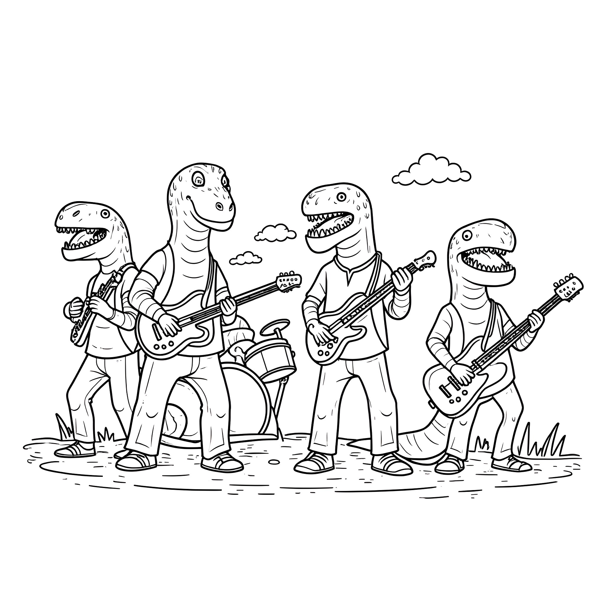 Dinosaur band performing with musical instruments Coloring Page (free black-and-white line drawing printable PDF for all, from beginners to advanced learners, including children, teens, adults, and seniors)