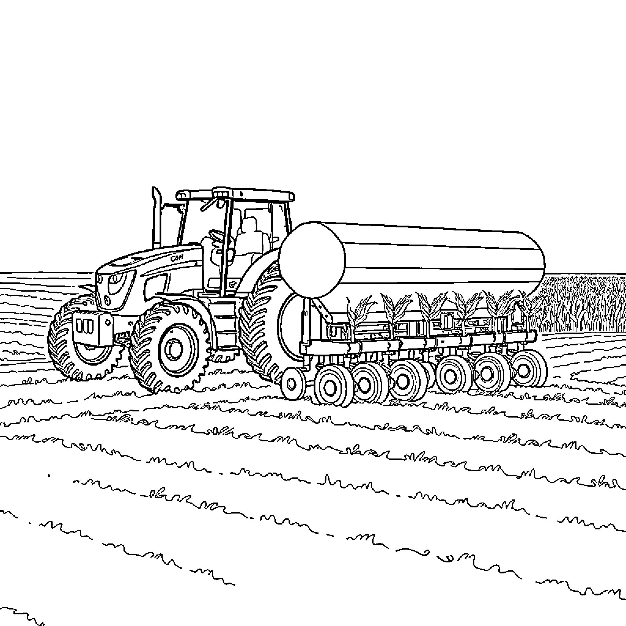 Tractor pulling large tank through farm field Coloring Page (free black-and-white line drawing printable PDF for all, from beginners to advanced learners, including children, teens, adults, and seniors)