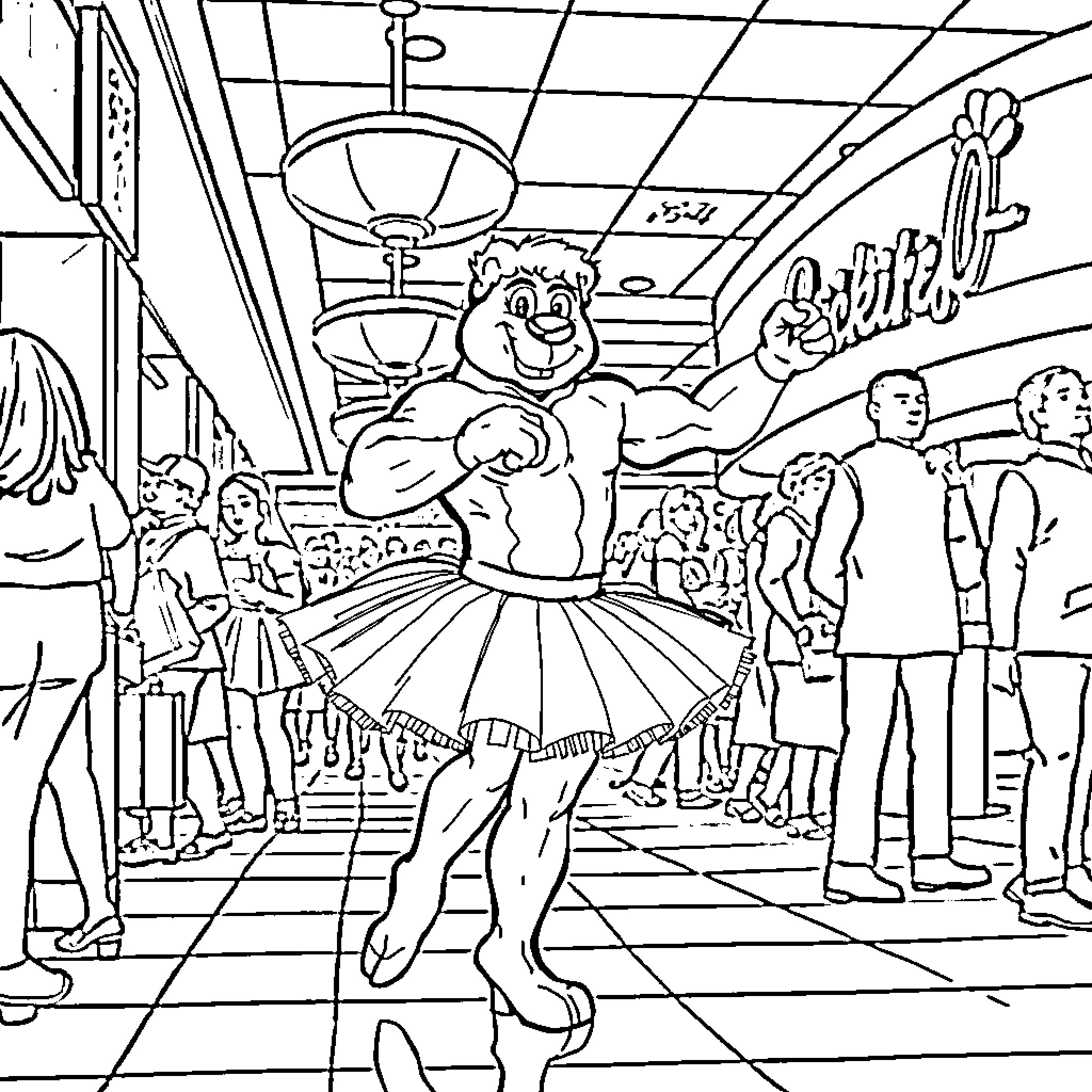 Rocky's Energetic Dance in a Lively Crowd Coloring Page (free black-and-white line drawing printable PDF for all, from beginners to advanced learners, including children, teens, adults, and seniors)