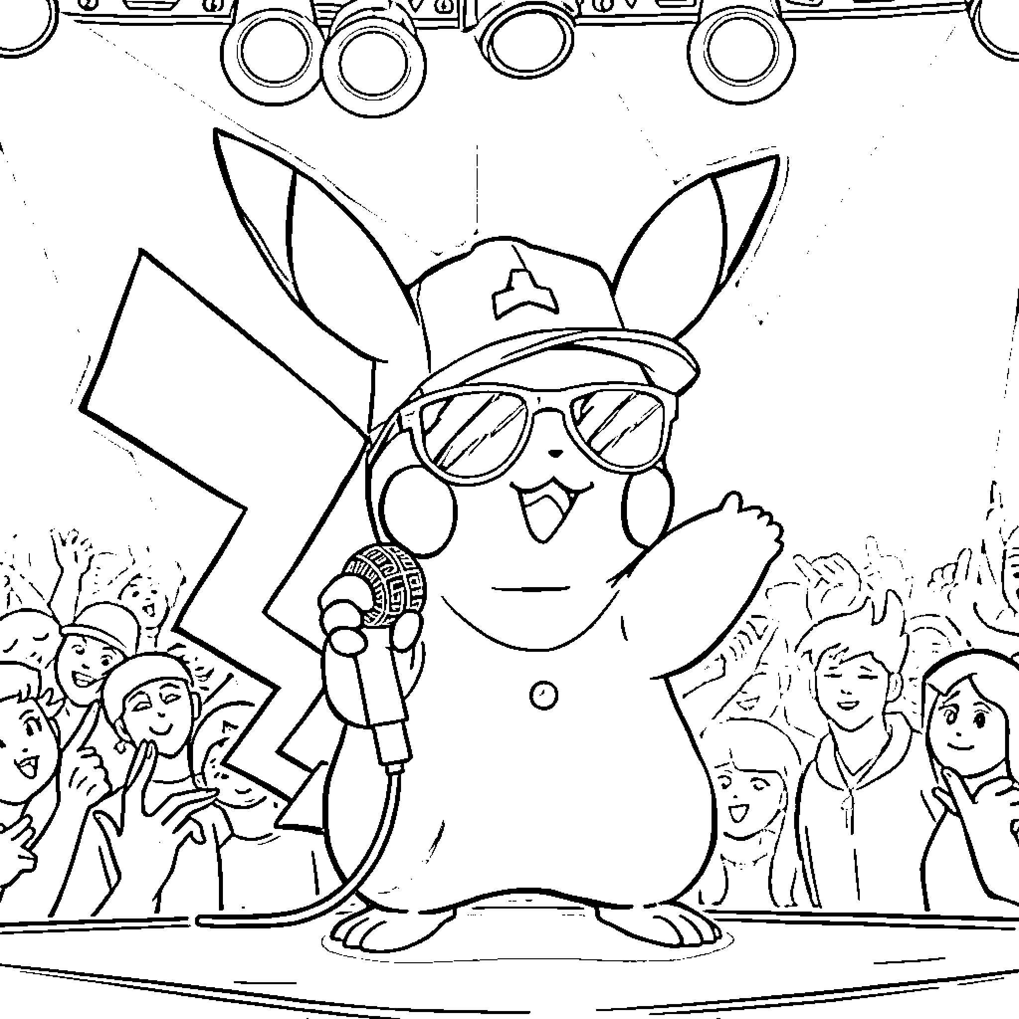 Pikachu dressed as a police officer with crowd Coloring Page (free black-and-white line drawing printable PDF for all, from beginners to advanced learners, including children, teens, adults, and seniors)