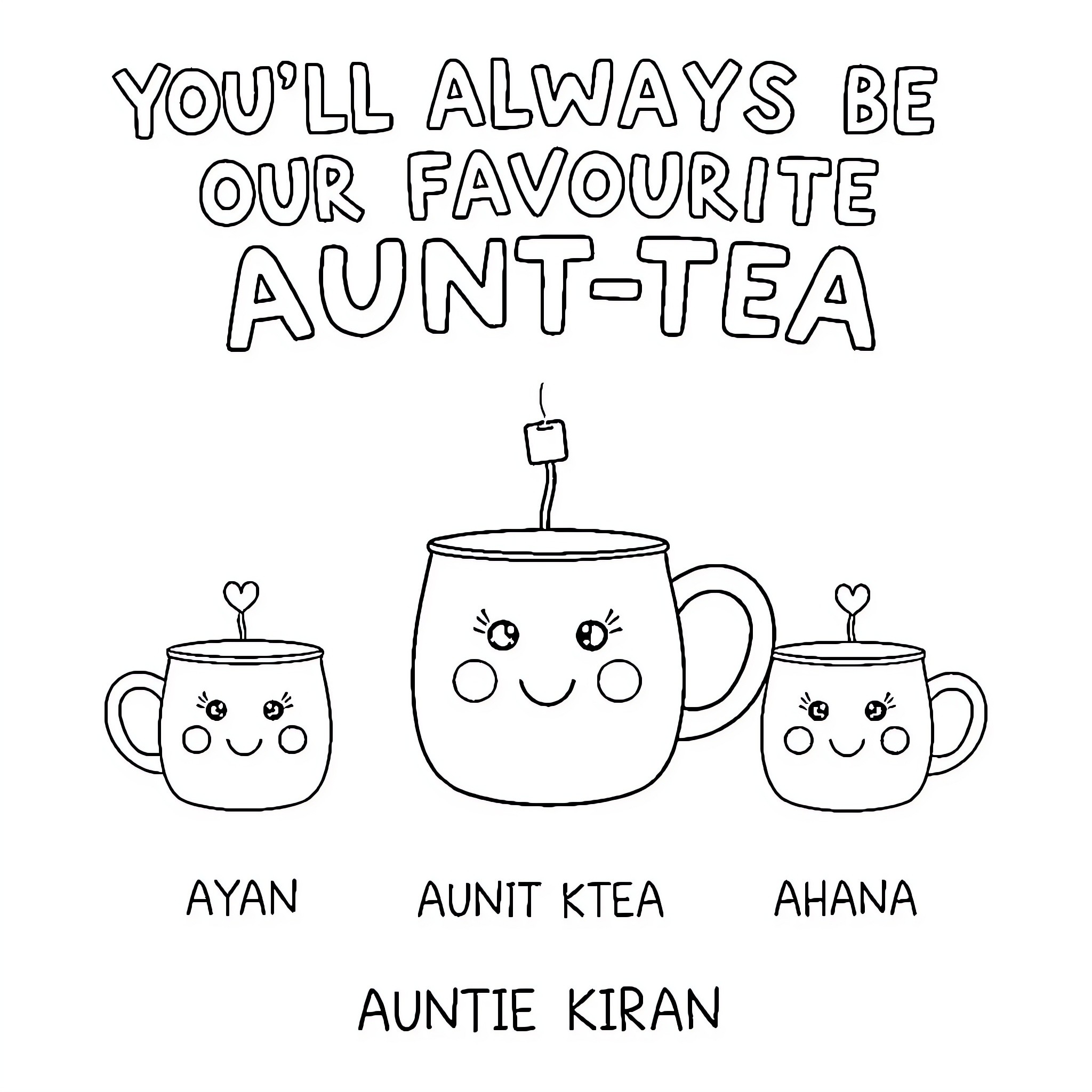 Mug Saying About Favorite Aunt-Tea Coloring Page (free black-and-white line drawing printable PDF for all, from beginners to advanced learners, including children, teens, adults, and seniors)