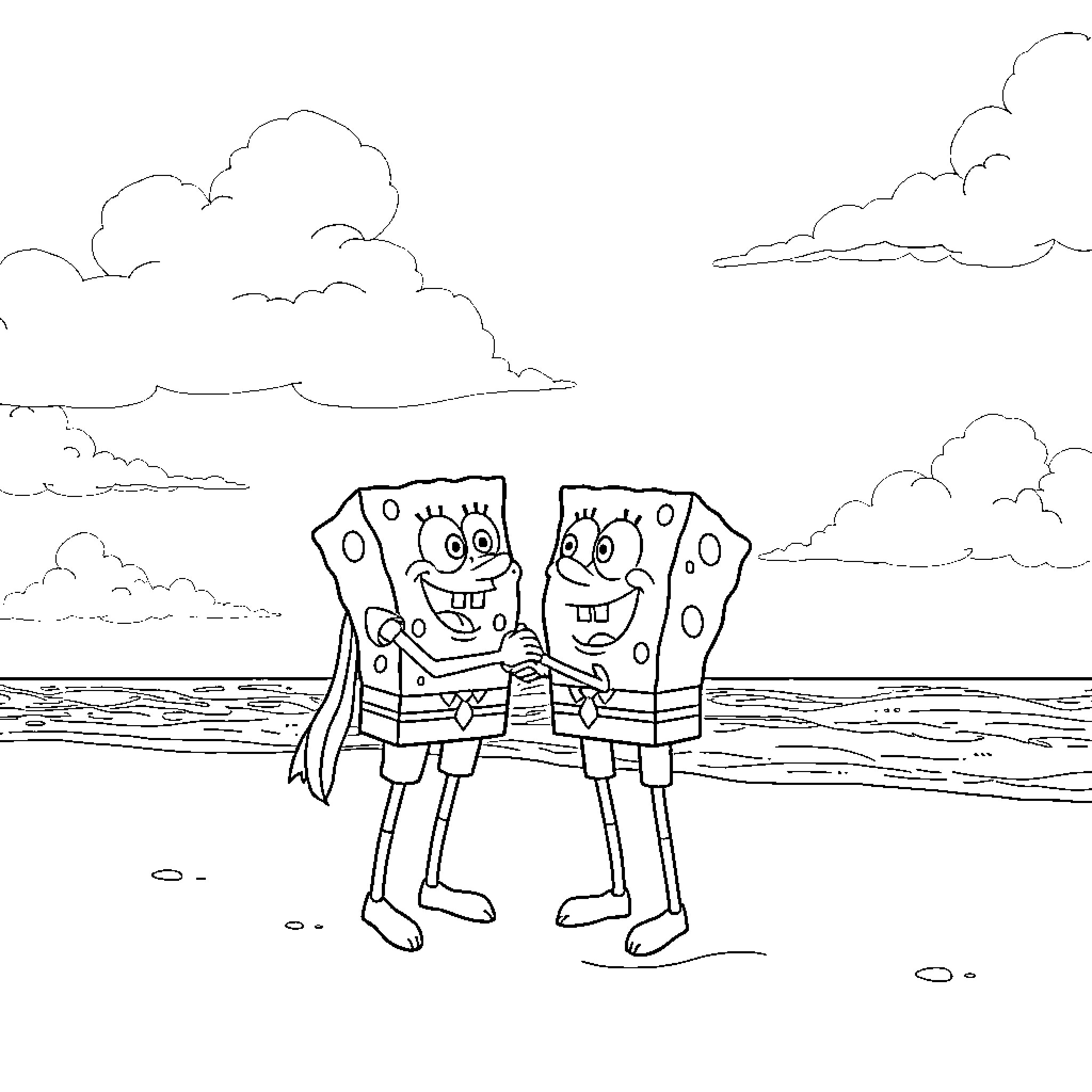 Spongebob characters enjoying the beach Coloring Page (free black-and-white line drawing printable PDF for all, from beginners to advanced learners, including children, teens, adults, and seniors)