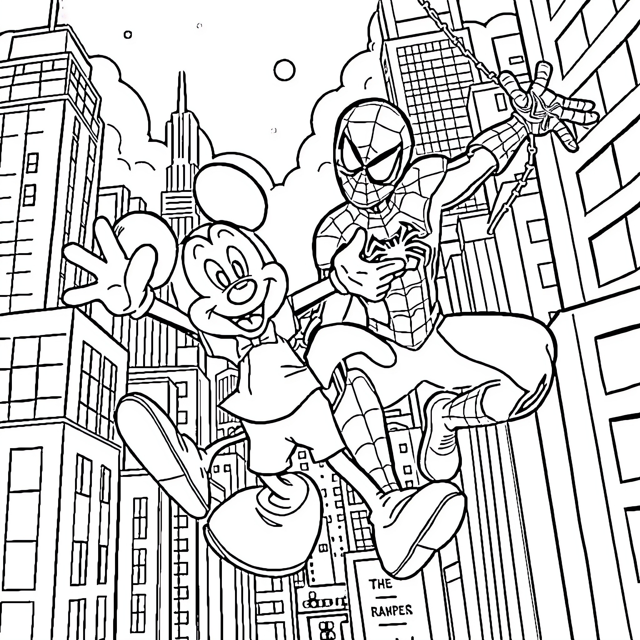 Spider-Man swinging through the city with Mickey Mouse Coloring Page (free black-and-white line drawing printable PDF for all, from beginners to advanced learners, including children, teens, adults, and seniors)