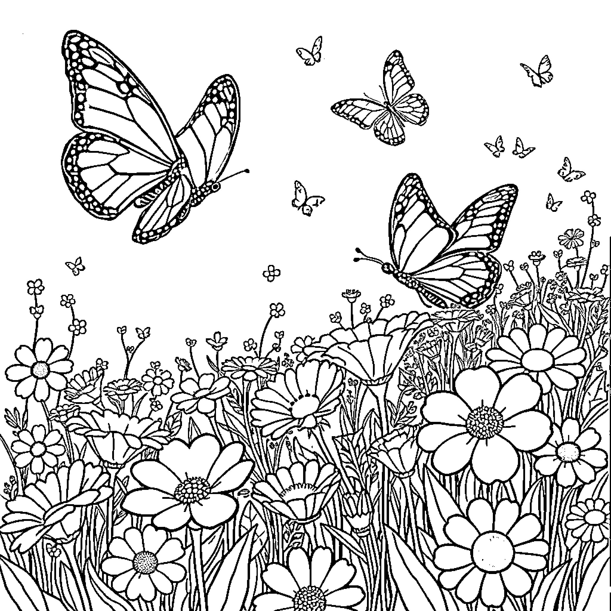 Butterflies dancing amidst a vibrant floral scene Coloring Page (free black-and-white line drawing printable PDF for all, from beginners to advanced learners, including children, teens, adults, and seniors)