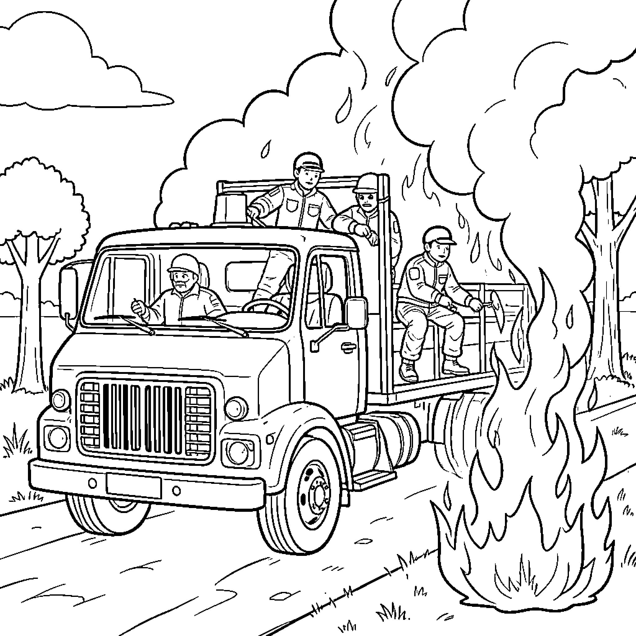 Bomber firefighters battling forest blaze Coloring Page (free black-and-white line drawing printable PDF for all, from beginners to advanced learners, including children, teens, adults, and seniors)