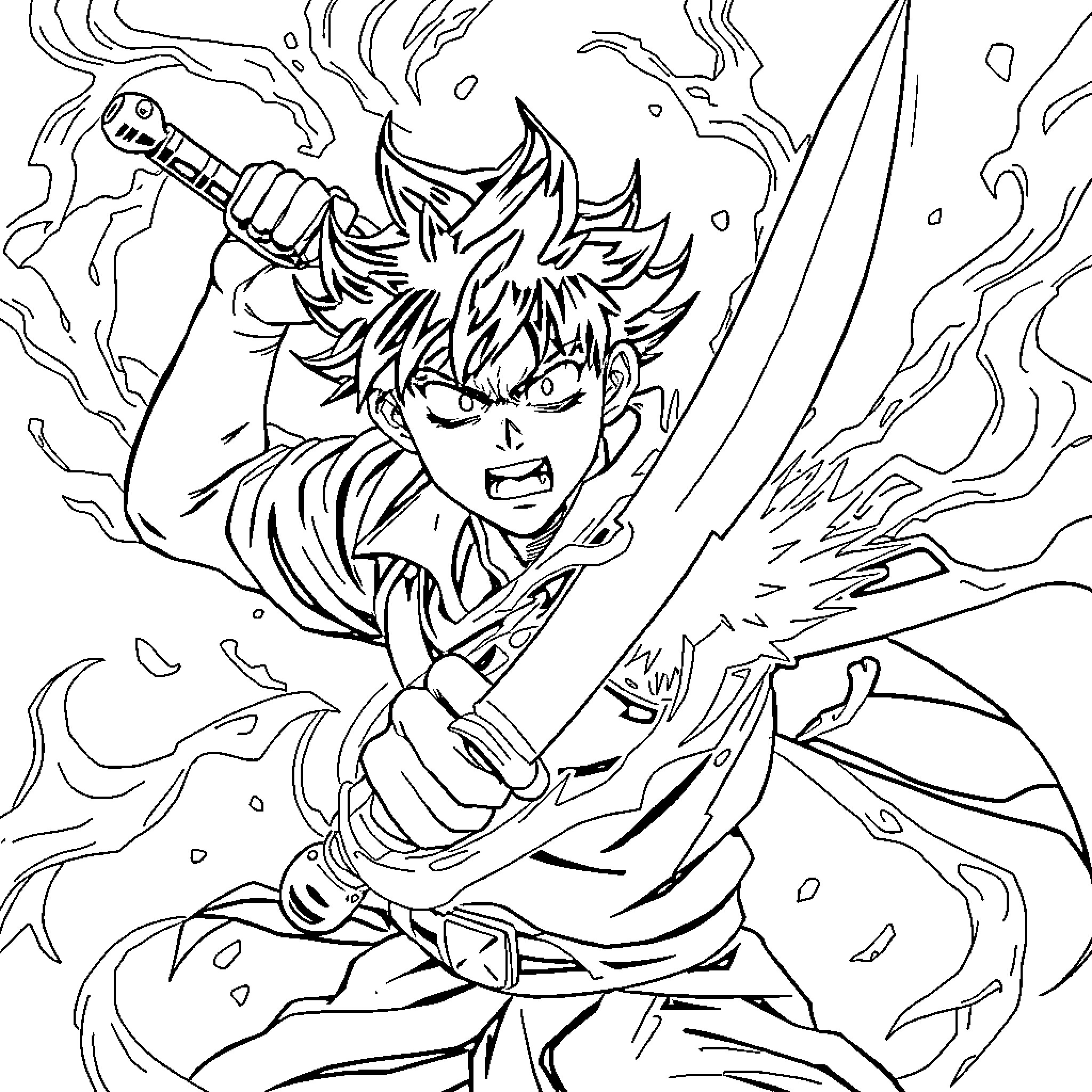 Asta's Intense Magical Battle Coloring Page (free black-and-white line drawing printable PDF for all, from beginners to advanced learners, including children, teens, adults, and seniors)