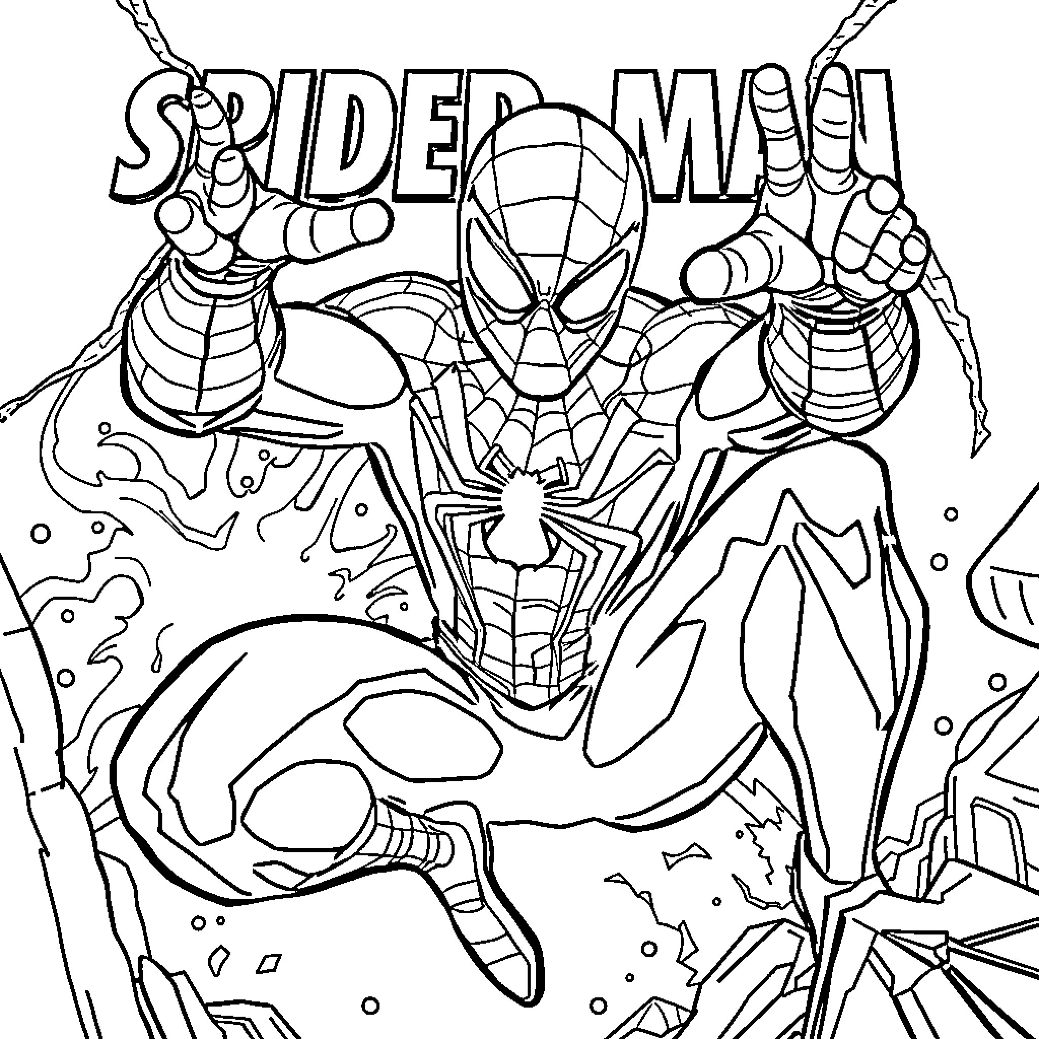 Spider-Man in Action Poses and Expressions Coloring Page (free black-and-white line drawing printable PDF for all, from beginners to advanced learners, including children, teens, adults, and seniors)