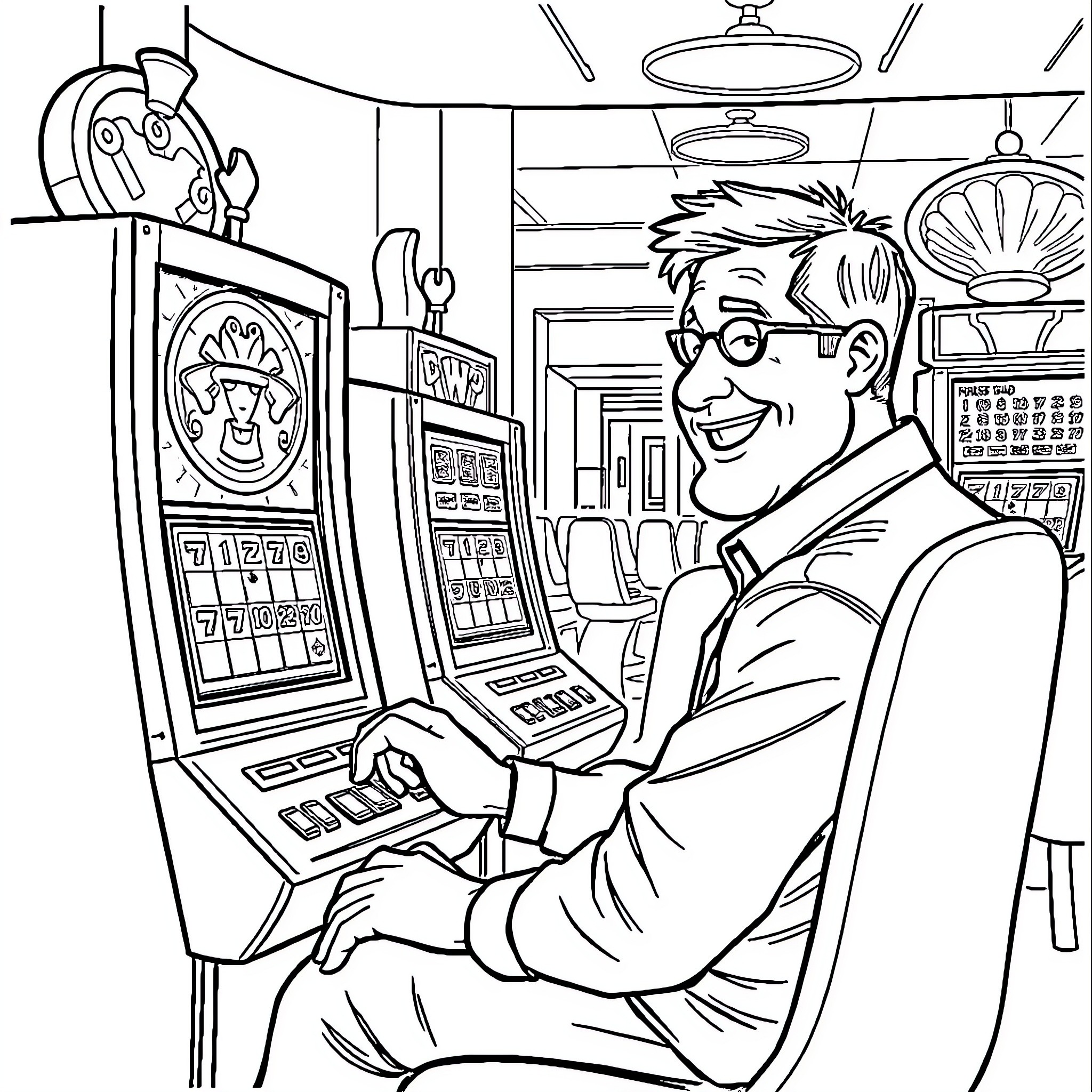 Steve tries his luck at the slot machines Coloring Page (free black-and-white line drawing printable PDF for all, from beginners to advanced learners, including children, teens, adults, and seniors)