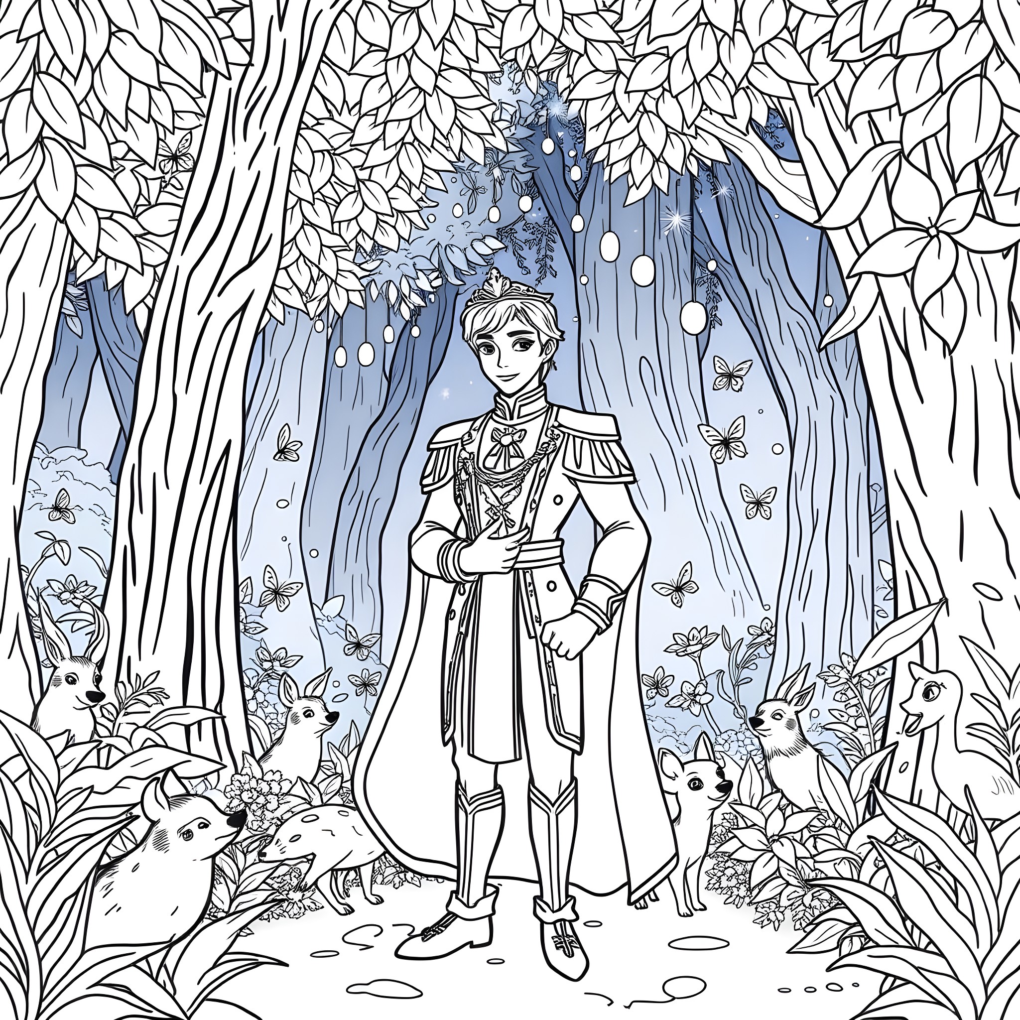 Naveen's enchanting journey through the enchanted forest Coloring Page (free black-and-white line drawing printable PDF for all, from beginners to advanced learners, including children, teens, adults, and seniors)