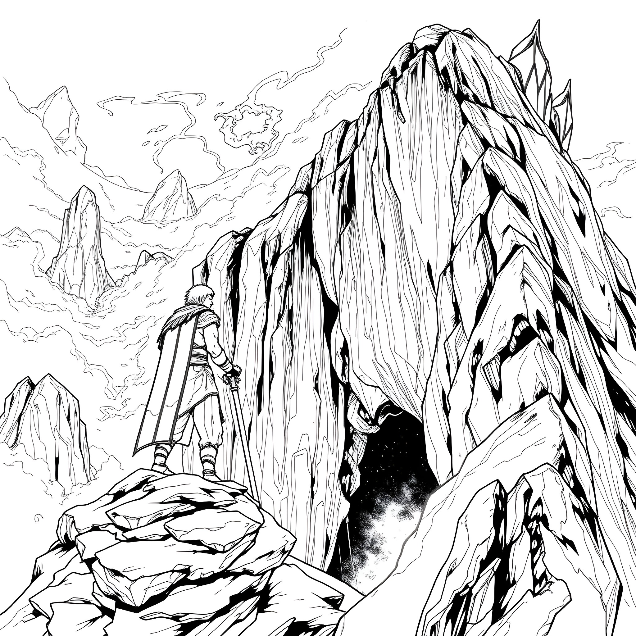 Warrior Exploring Rugged Mountain Terrain Coloring Page (free black-and-white line drawing printable PDF for all, from beginners to advanced learners, including children, teens, adults, and seniors)