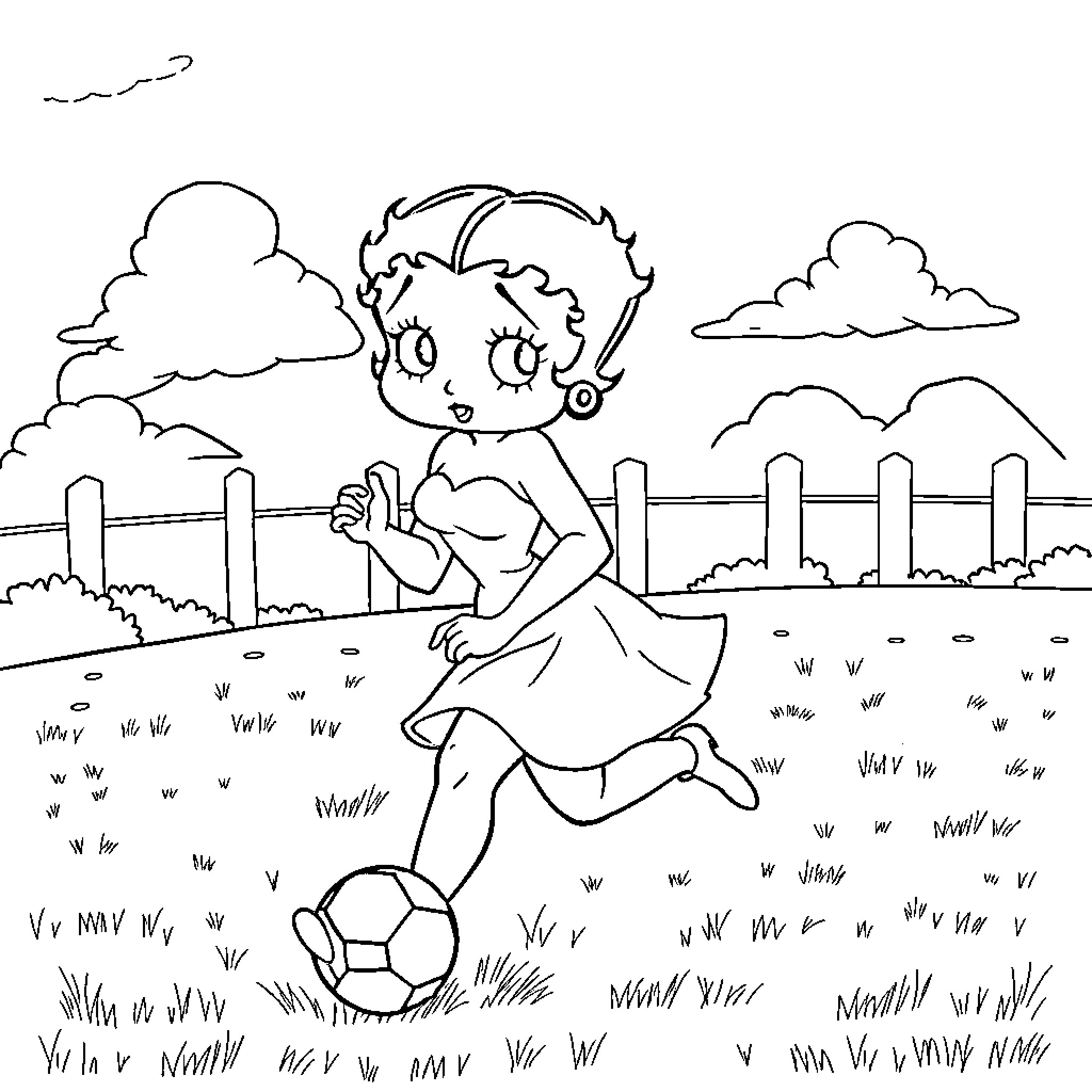 Betty Boop playing joyfully with a soccer ball in the park Coloring Page (free black-and-white line drawing printable PDF for all, from beginners to advanced learners, including children, teens, adults, and seniors)