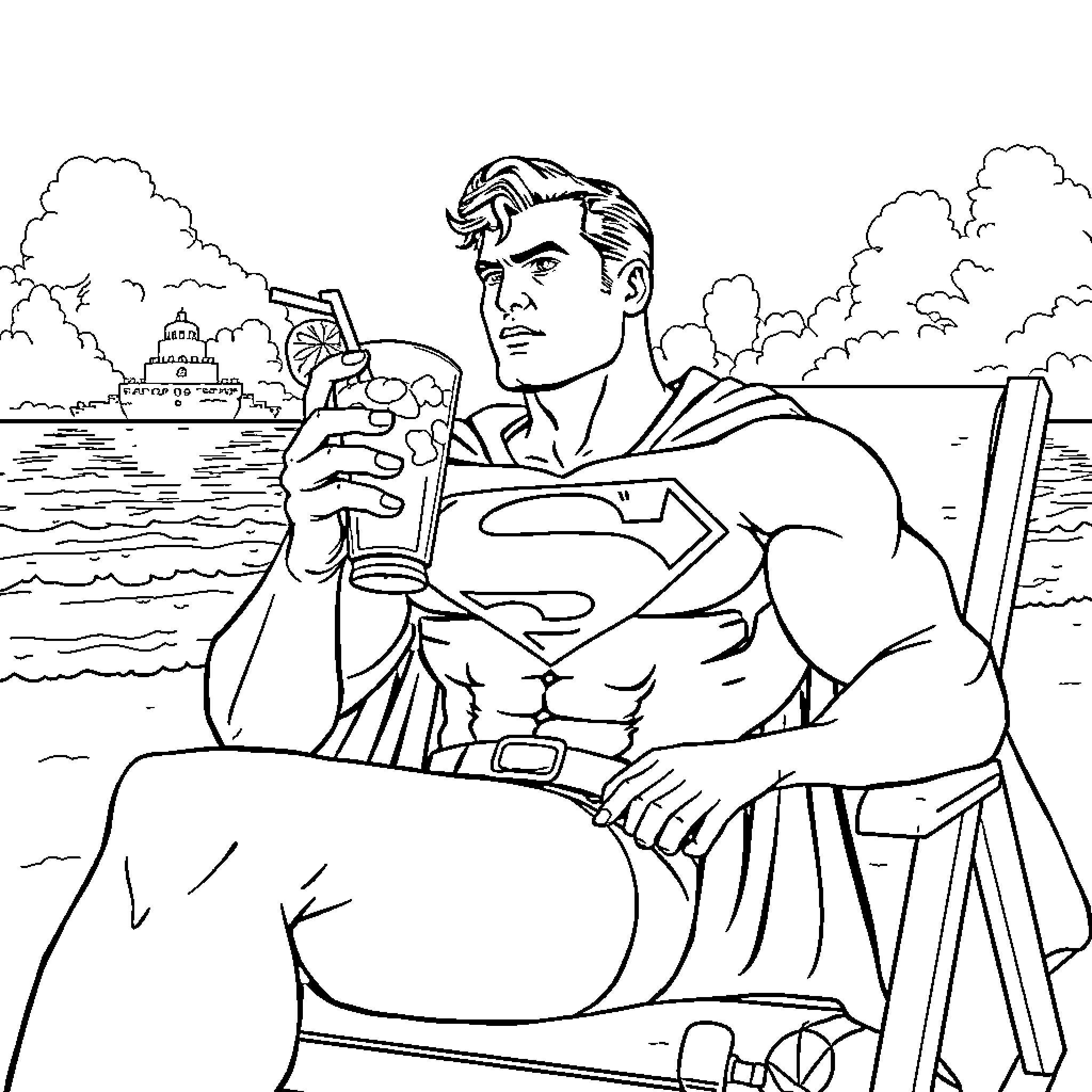 Superman Enjoying a Refreshing Beverage by the Waterfront Coloring Page (free black-and-white line drawing printable PDF for all, from beginners to advanced learners, including children, teens, adults, and seniors)