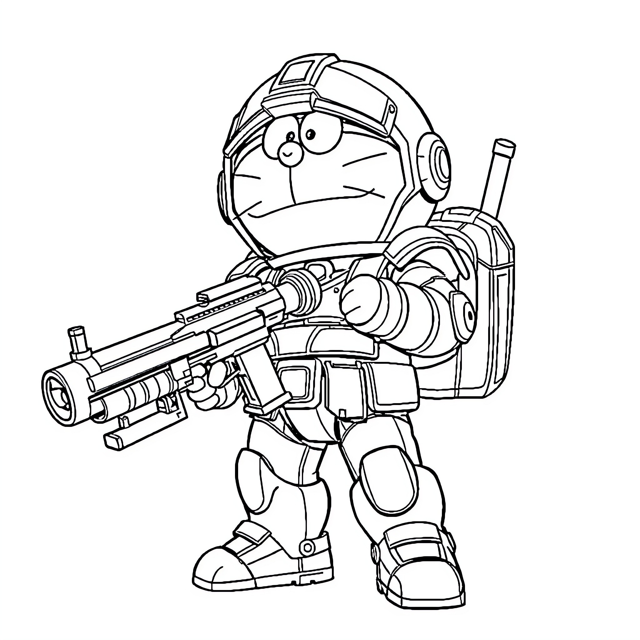 Doraemon as a futuristic robot soldier Coloring Page (free black-and-white line drawing printable PDF for all, from beginners to advanced learners, including children, teens, adults, and seniors)