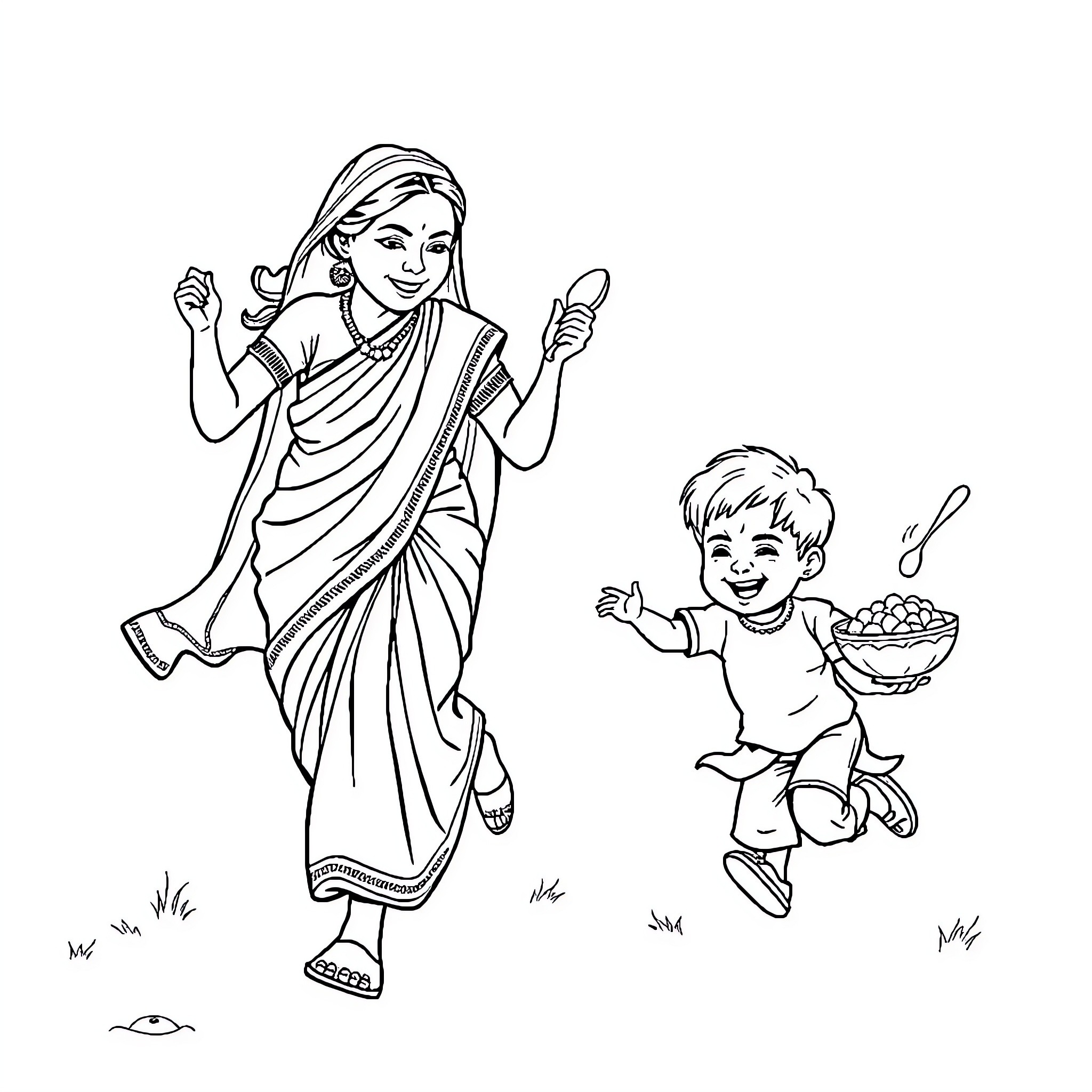 Mother and child playing happily in the park Coloring Page (free black-and-white line drawing printable PDF for all, from beginners to advanced learners, including children, teens, adults, and seniors)