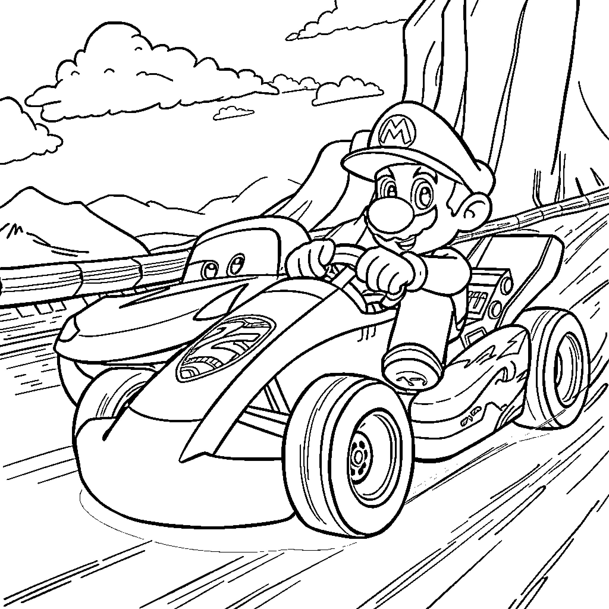 Rayo McQueen racing through the mountains Coloring Page (free black-and-white line drawing printable PDF for all, from beginners to advanced learners, including children, teens, adults, and seniors)