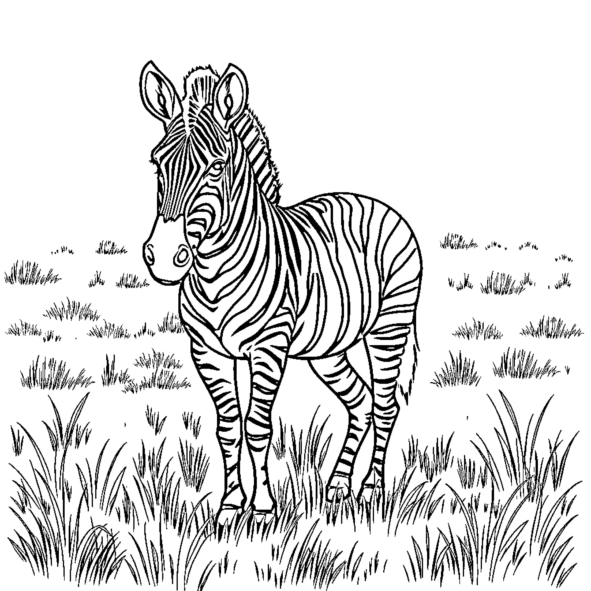 Zebra standing amidst grass and foliage Coloring Page (free black-and-white line drawing printable PDF for all, from beginners to advanced learners, including children, teens, adults, and seniors)