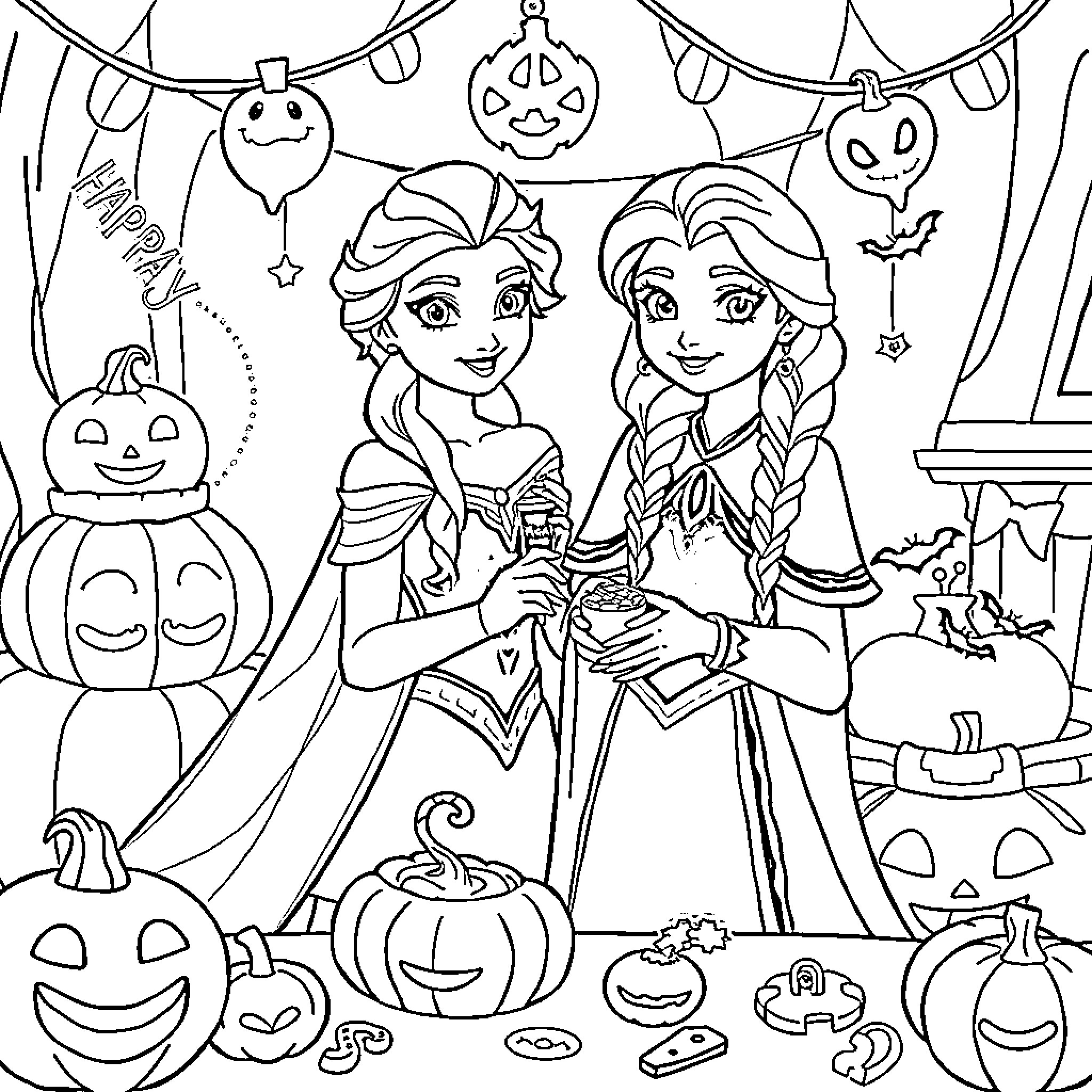 Elsa and Anna Celebrating Halloween Together Coloring Page (free black-and-white line drawing printable PDF for all, from beginners to advanced learners, including children, teens, adults, and seniors)
