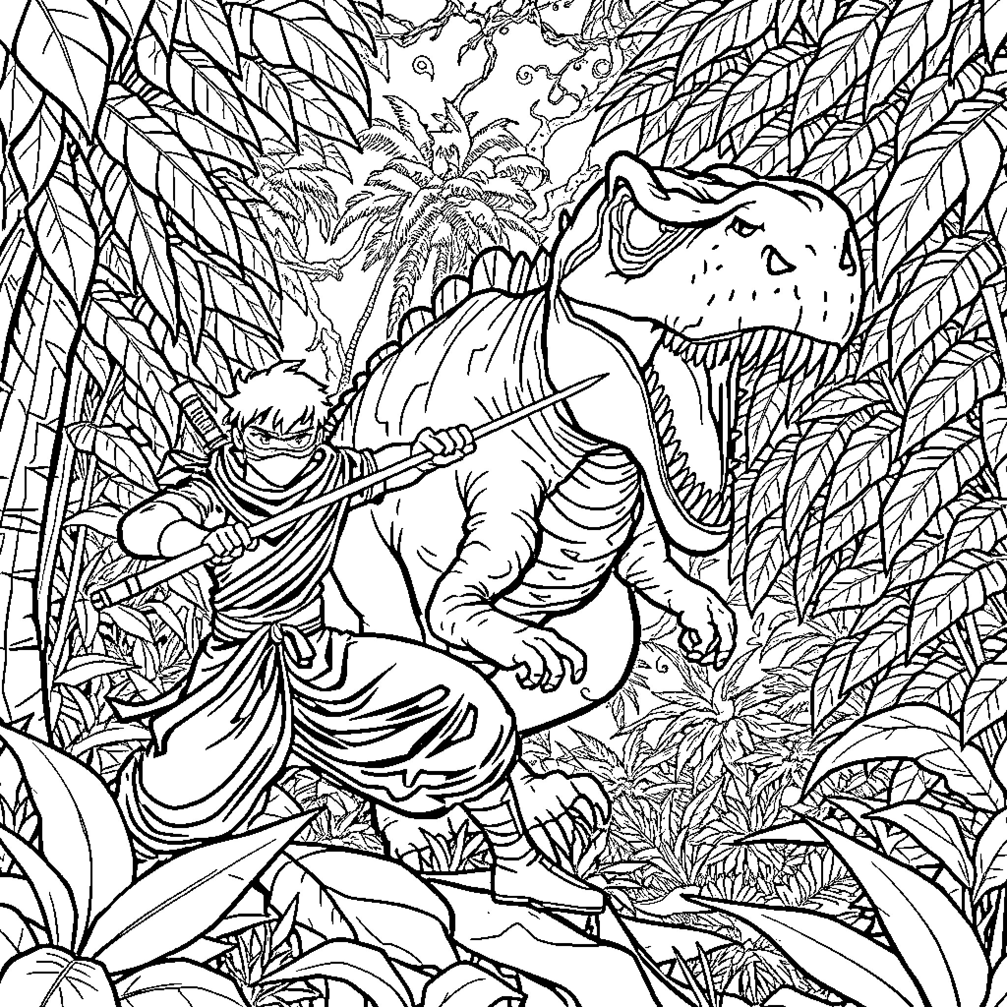 Ninja battles a fierce dinosaur in the jungle Coloring Page (free black-and-white line drawing printable PDF for all, from beginners to advanced learners, including children, teens, adults, and seniors)