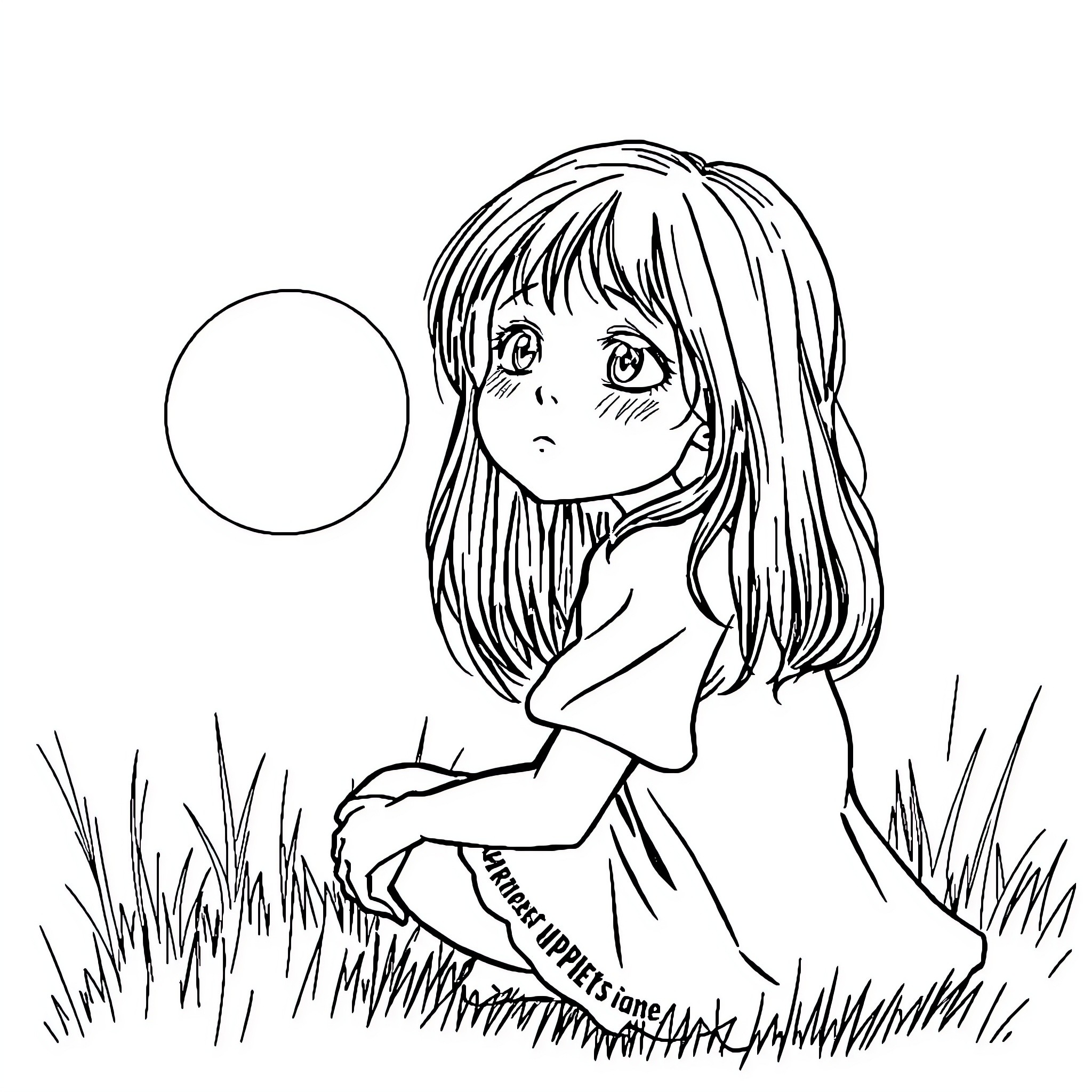 Girl gazing thoughtfully at the moon Coloring Page (free black-and-white line drawing printable PDF for all, from beginners to advanced learners, including children, teens, adults, and seniors)