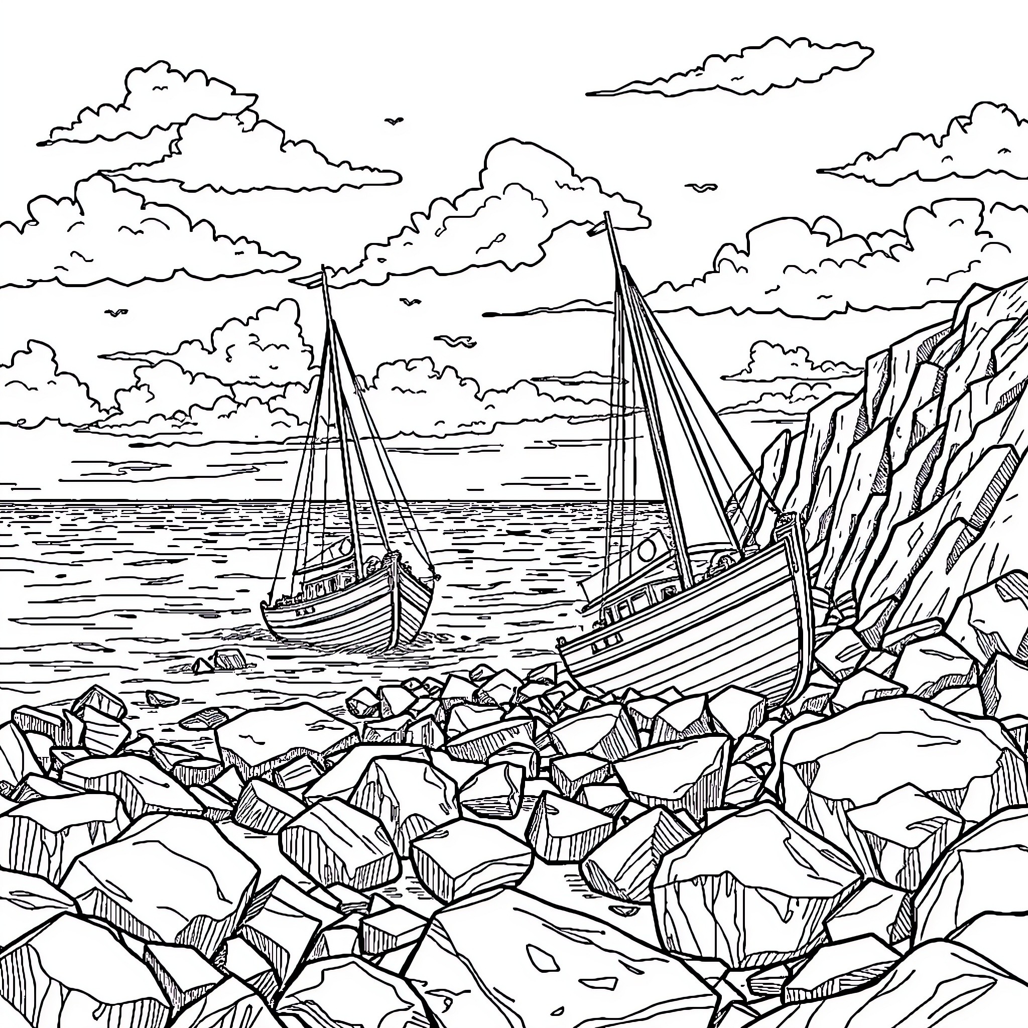 Sailboat Voyage Amidst Rugged Coastal Scenery Coloring Page (free black-and-white line drawing printable PDF for all, from beginners to advanced learners, including children, teens, adults, and seniors)