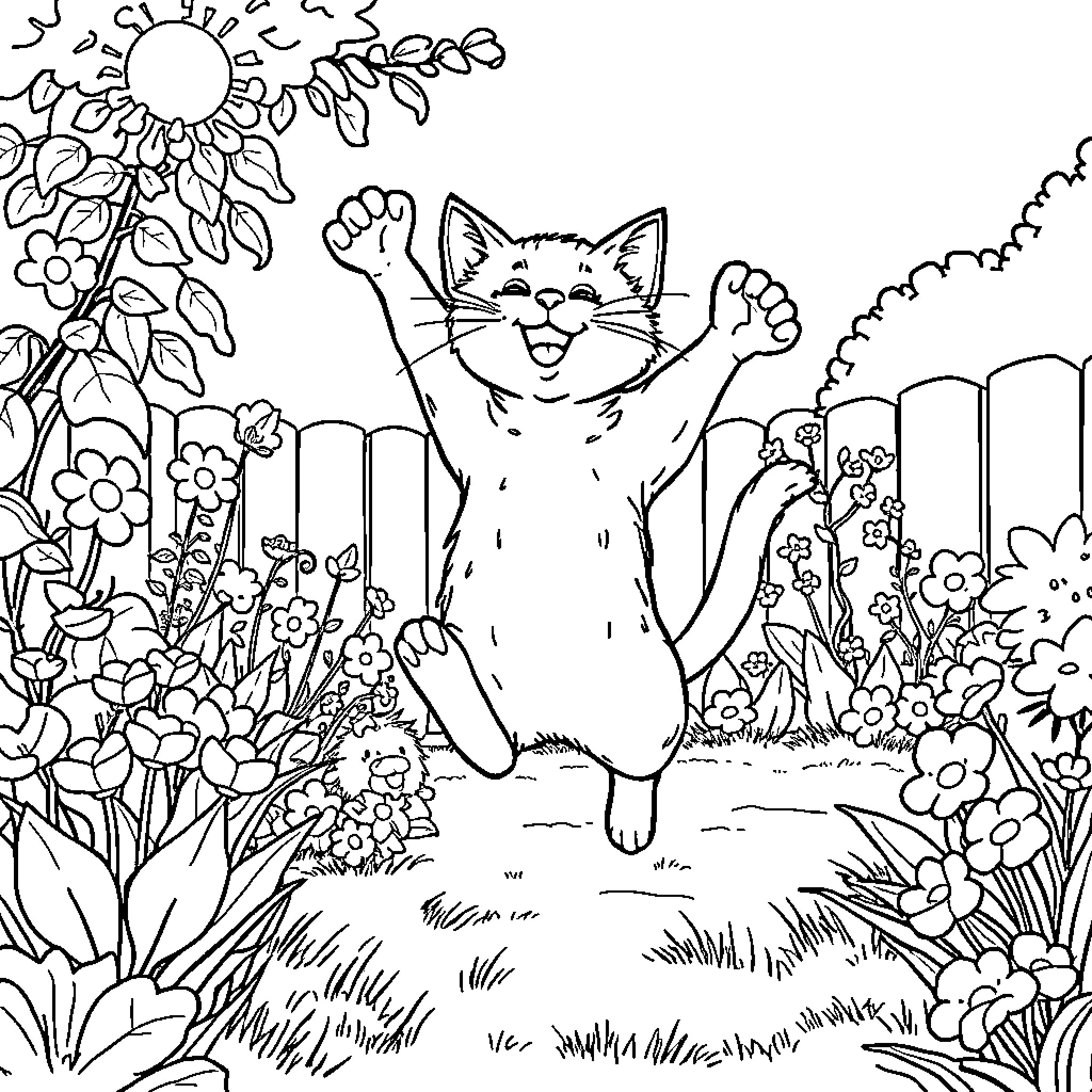 Cat happily playing in a flower garden Coloring Page (free black-and-white line drawing printable PDF for all, from beginners to advanced learners, including children, teens, adults, and seniors)