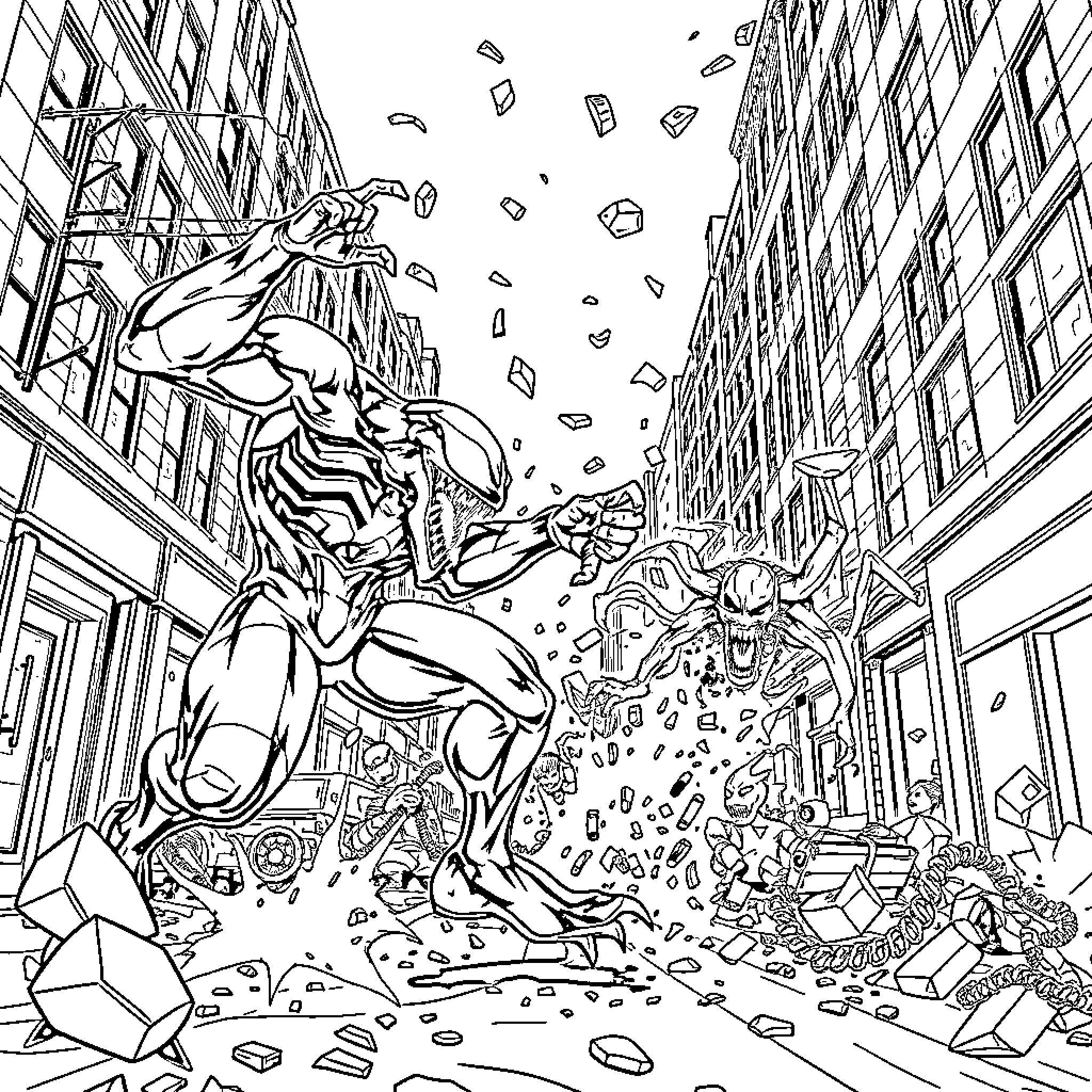 Venom's Destructive Rampage through the City Coloring Page (free black-and-white line drawing printable PDF for all, from beginners to advanced learners, including children, teens, adults, and seniors)