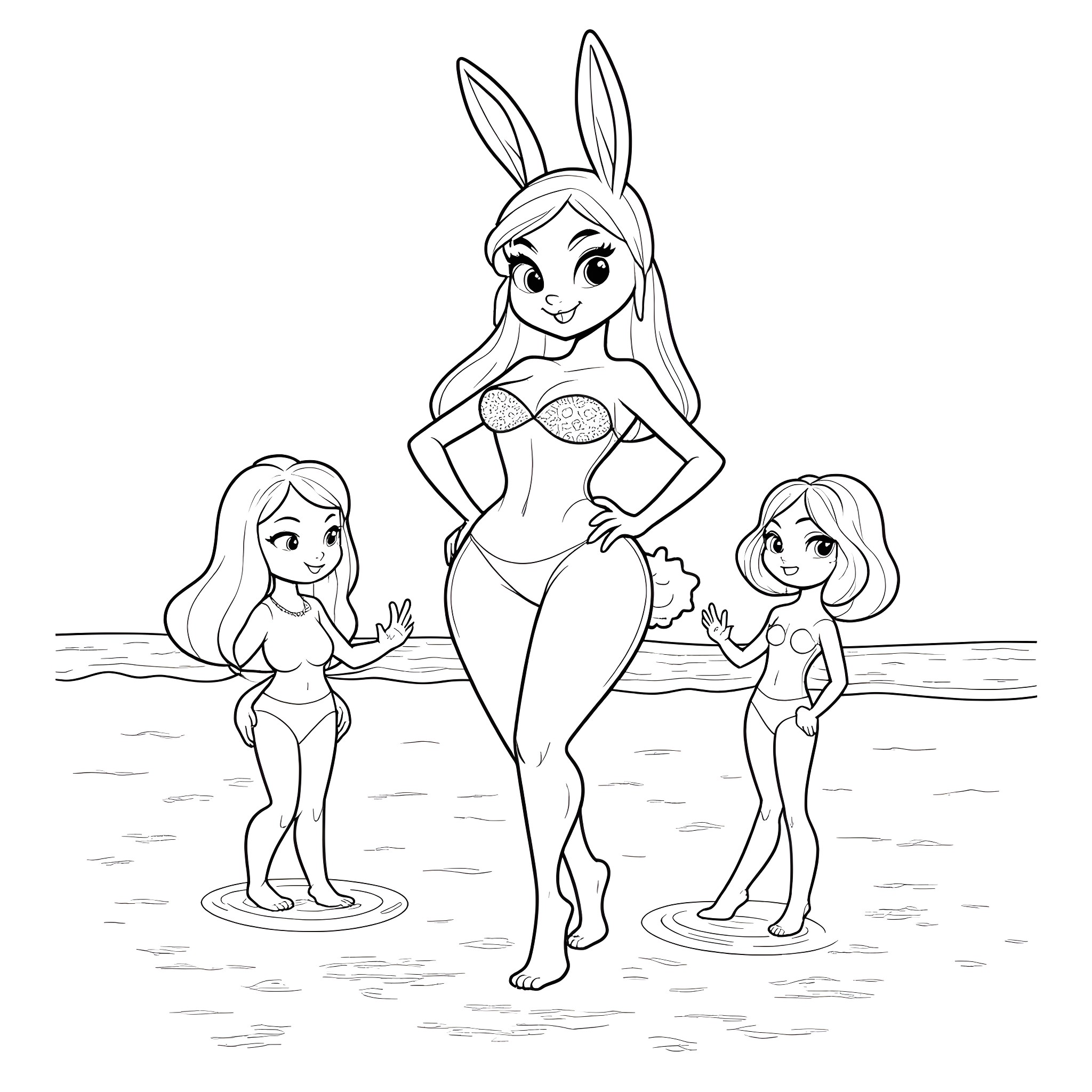 Jessica Rabbit and her friends enjoying the beach Coloring Page (free black-and-white line drawing printable PDF for all, from beginners to advanced learners, including children, teens, adults, and seniors)