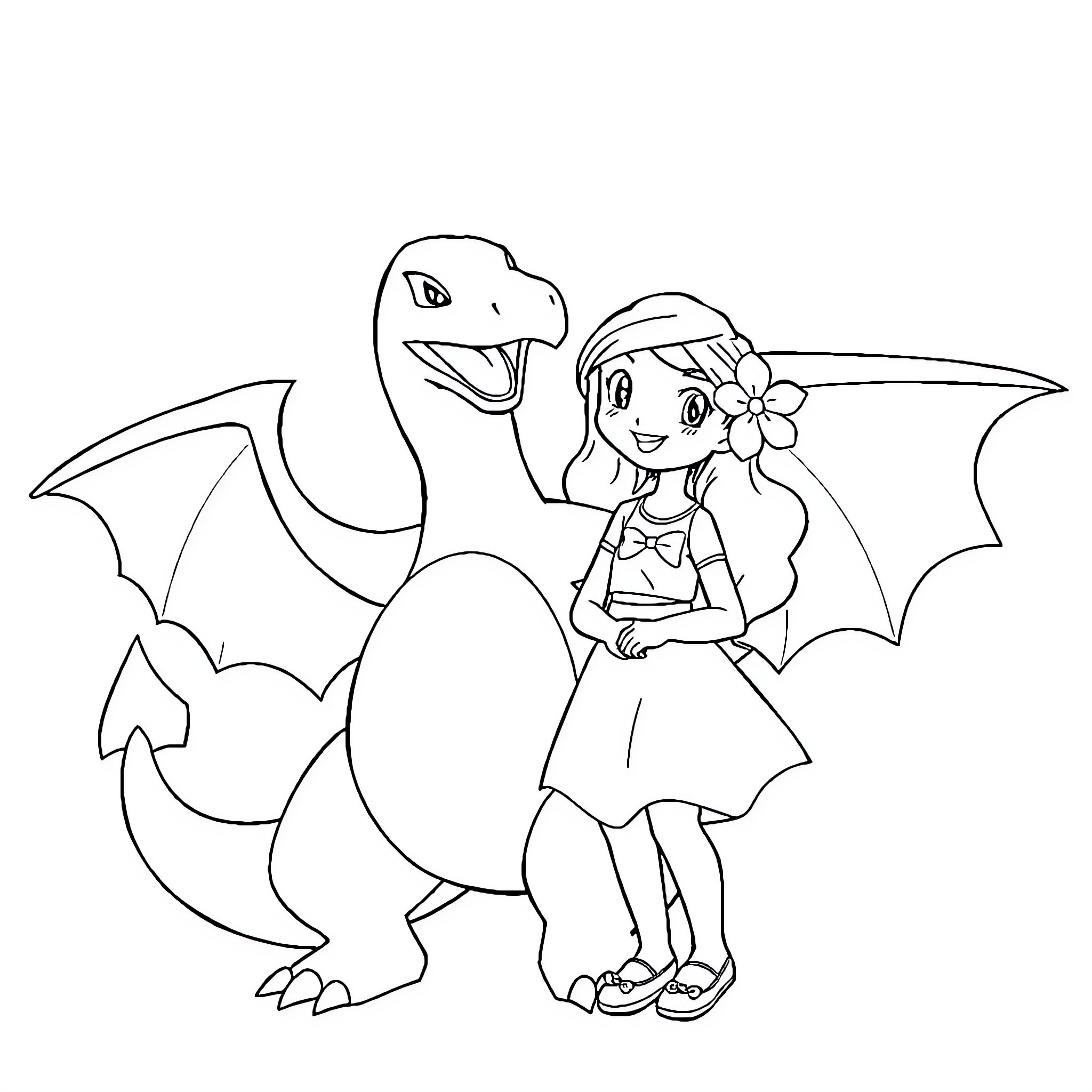 Charizard and girl in adventure scene Coloring Page (free black-and-white line drawing printable PDF for all, from beginners to advanced learners, including children, teens, adults, and seniors)