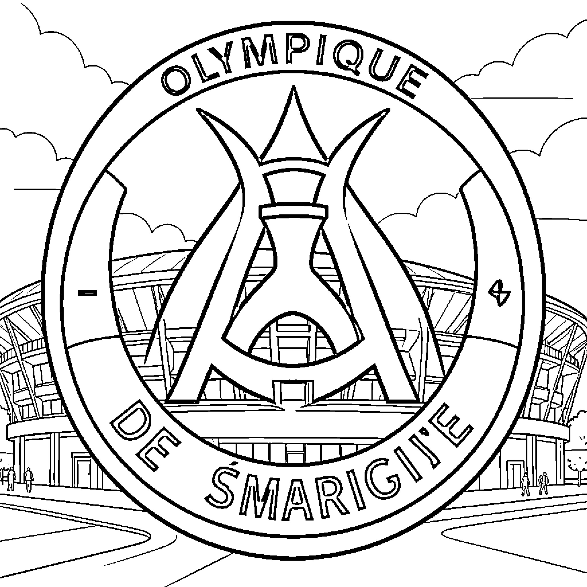 Marseille Logo featuring a stadium and emblem design Coloring Page (free black-and-white line drawing printable PDF for all, from beginners to advanced learners, including children, teens, adults, and seniors)