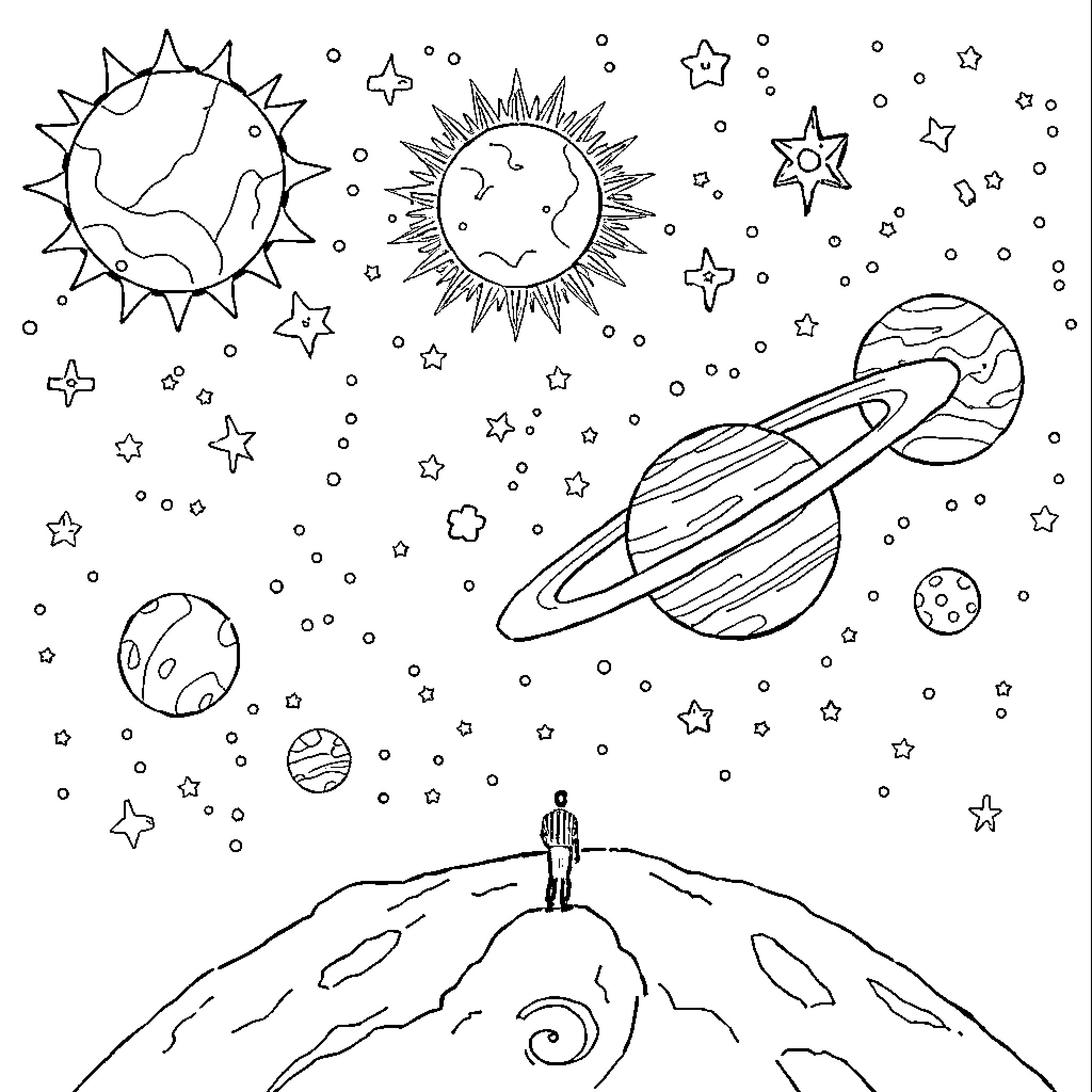 Astrology scene with celestial elements Coloring Page (free black-and-white line drawing printable PDF for all, from beginners to advanced learners, including children, teens, adults, and seniors)