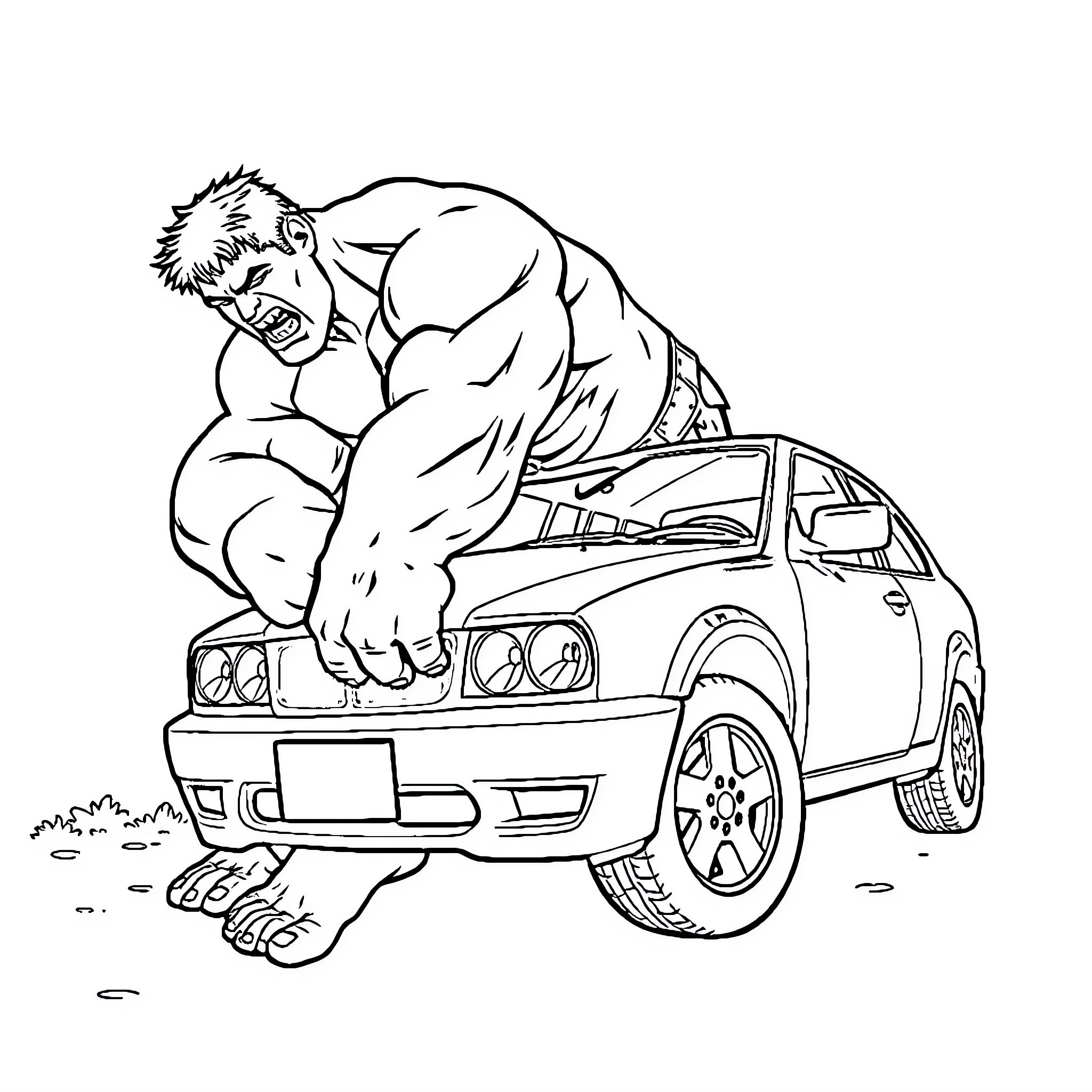 Hulk flexing muscles and crushing car Coloring Page (free black-and-white line drawing printable PDF for all, from beginners to advanced learners, including children, teens, adults, and seniors)