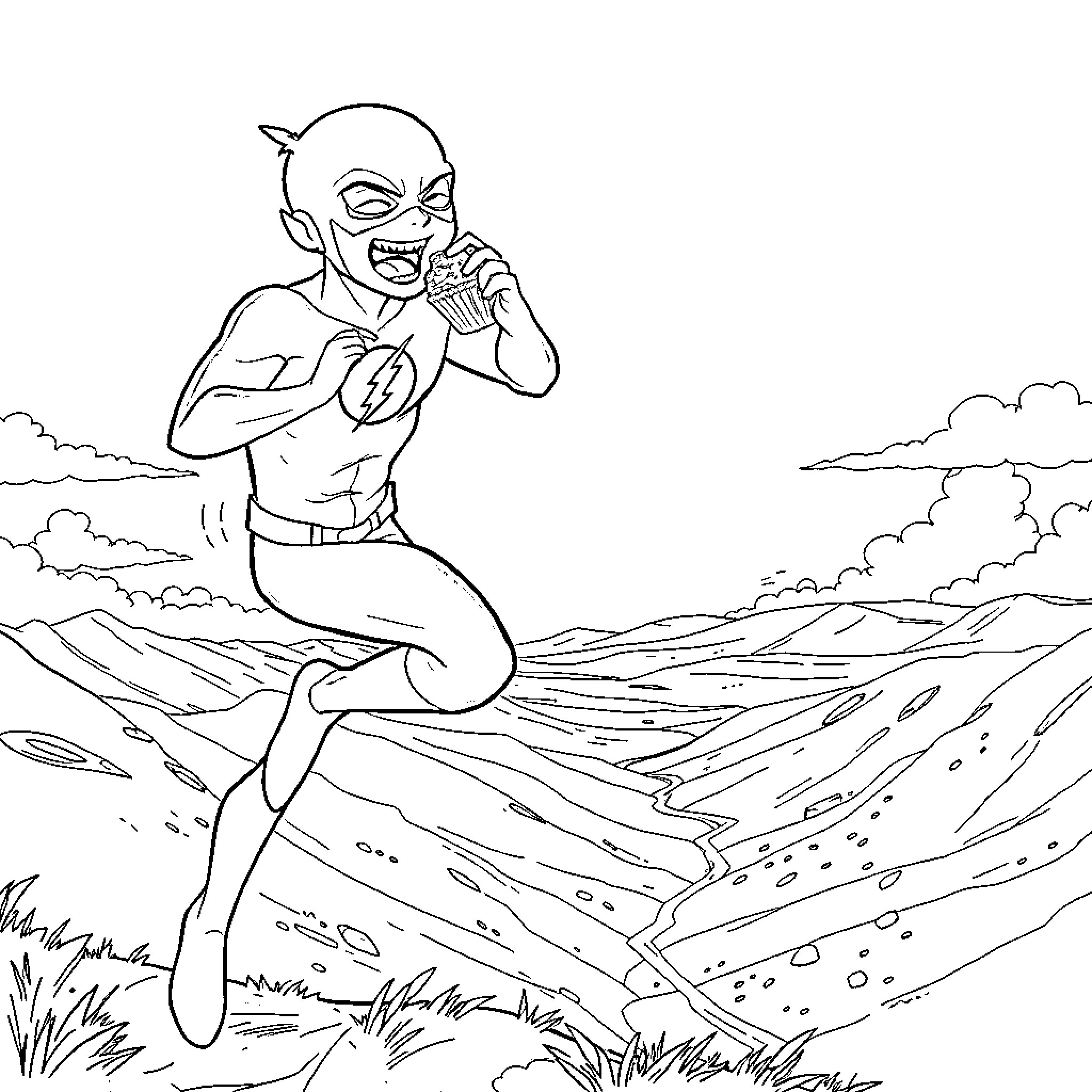Flash superhero flying over mountain landscape Coloring Page (free black-and-white line drawing printable PDF for all, from beginners to advanced learners, including children, teens, adults, and seniors)