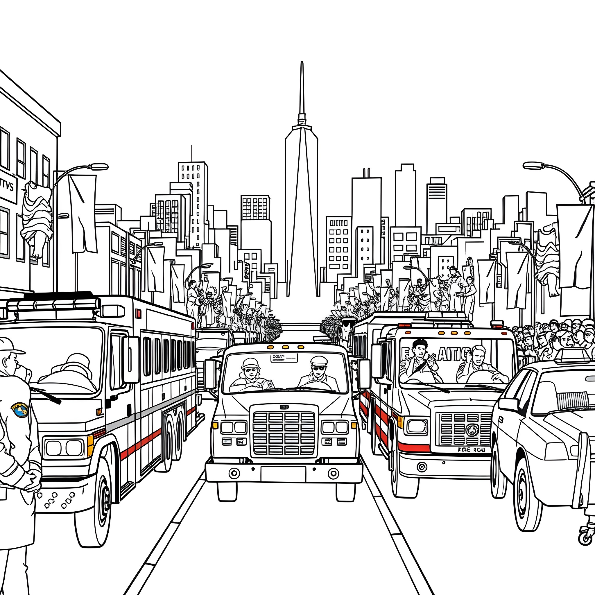 Emergency Vehicle Responding to Incident in Bustling City Coloring Page (free black-and-white line drawing printable PDF for all, from beginners to advanced learners, including children, teens, adults, and seniors)